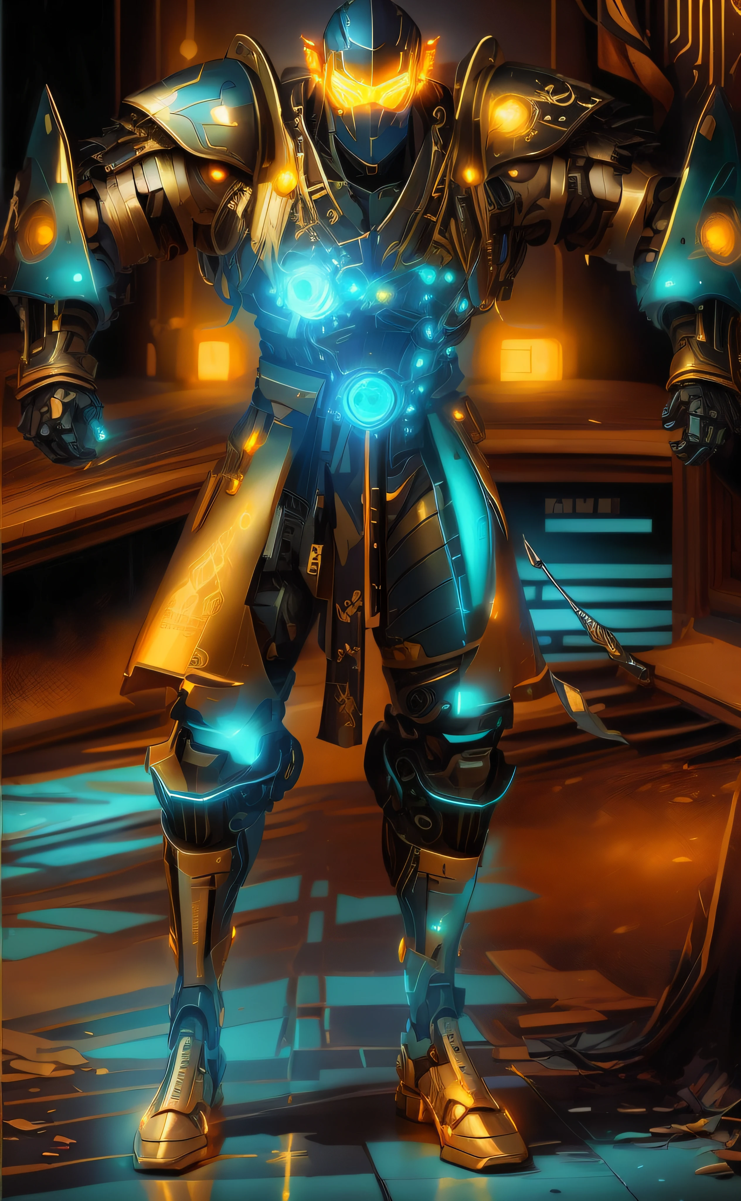 a close up of a robot with a glowing sword in a dark room, luzes brilhantes na armadura, intrincada armadura mecha brilhante, neon scales and cyborg tech, luz saindo da armadura, orange and cyan lighting, Traje de chama cyberpunk, clothed in cyber armour, Papel de parede solarpunk 4k, brilho cyberpunk brilhante, cybernetic flame armor