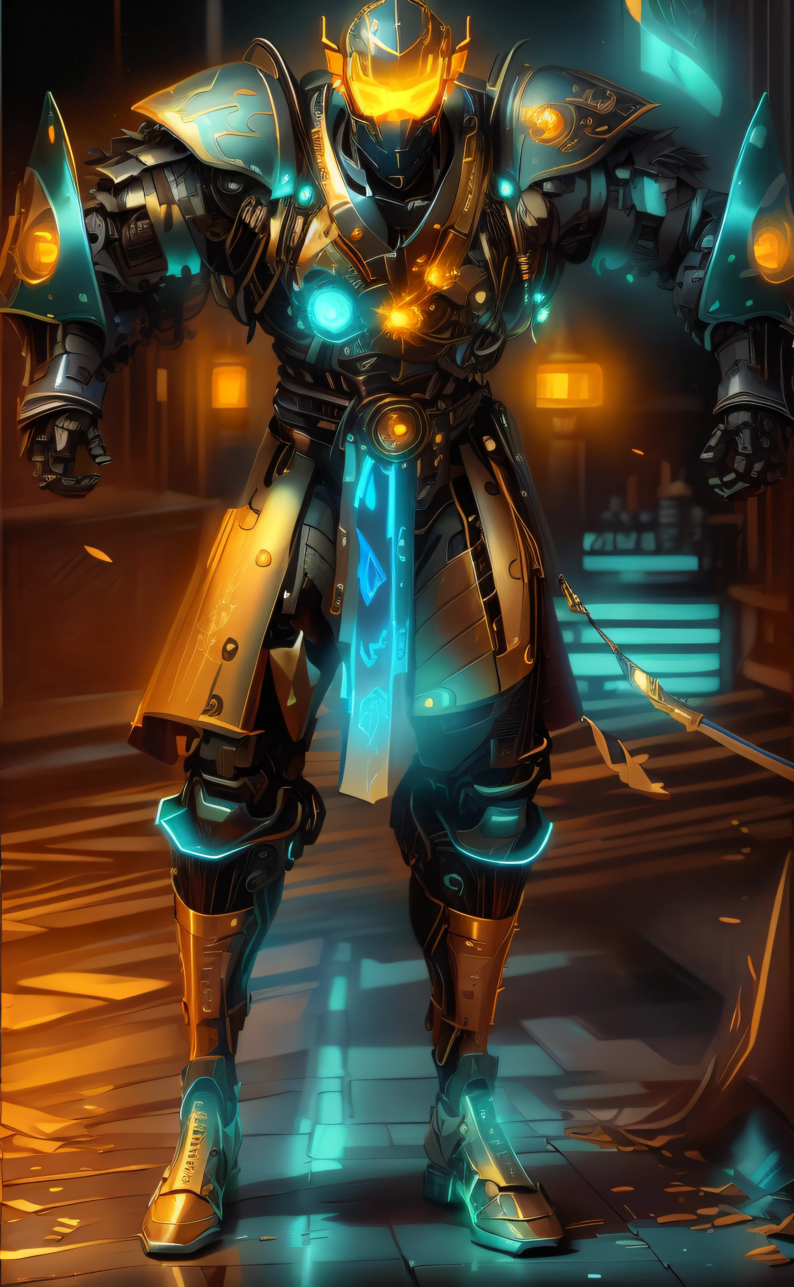 a close up of a robot with a glowing sword in a dark room, luzes brilhantes na armadura, intrincada armadura mecha brilhante, neon scales and cyborg tech, luz saindo da armadura, orange and cyan lighting, Traje de chama cyberpunk, clothed in cyber armour, Papel de parede solarpunk 4k, brilho cyberpunk brilhante, cybernetic flame armor