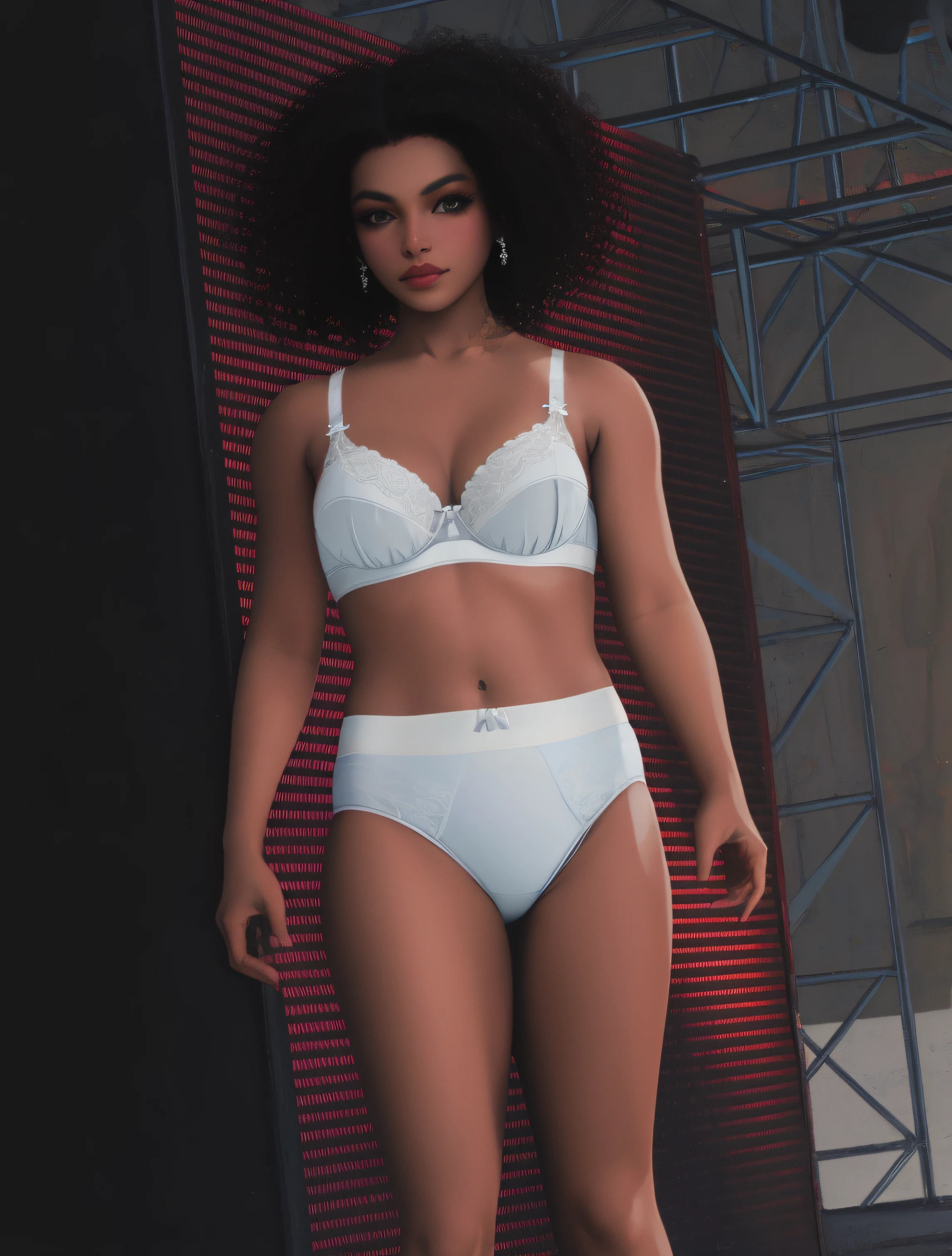 Curvy Black woman, white bra, and white cotton high cut panties, close up shot, at home, photo realistic, intricate details