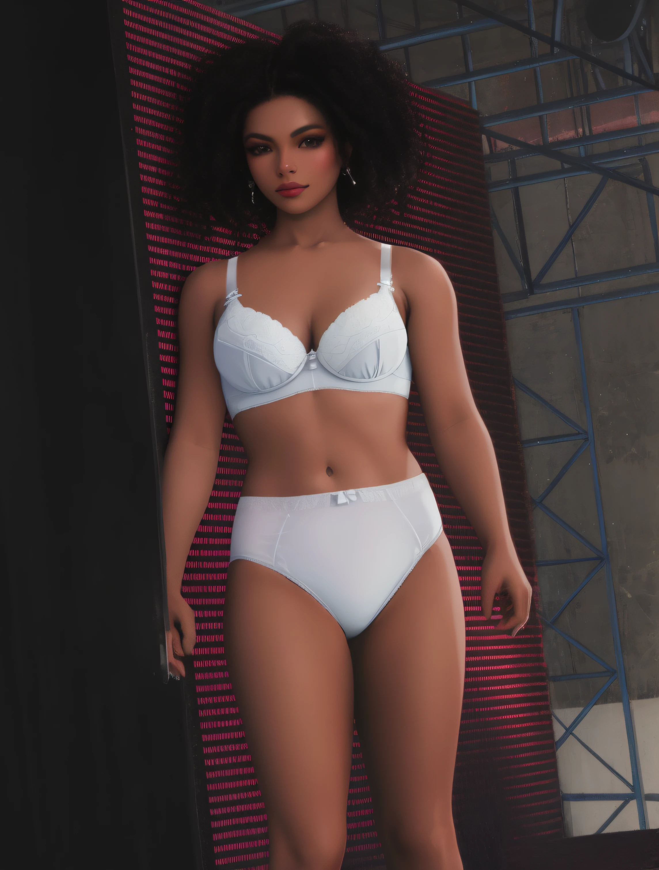 Curvy Black woman, white bra, and white cotton high cut panties, close up shot, at home, photo realistic, intricate details