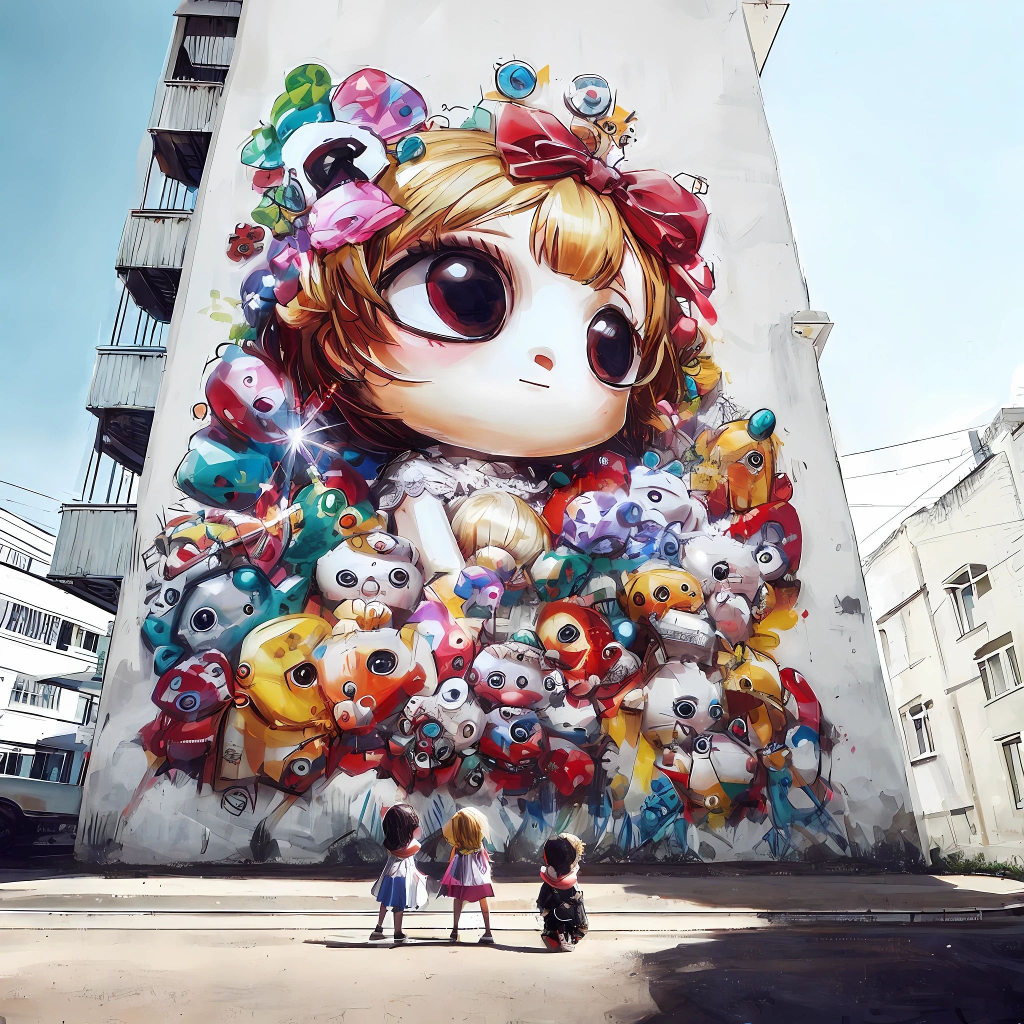 there are two children standing in front of a large mural, street art 8 k, streetart, urban art style, urban art, cute artwork, street art, beeple and jeremiah ketner, street art:2, street art : 4 masterpiece, street art:4 masterpiece, graffiti street art, street art:2 masterpiece, cute digital art, grafitti art