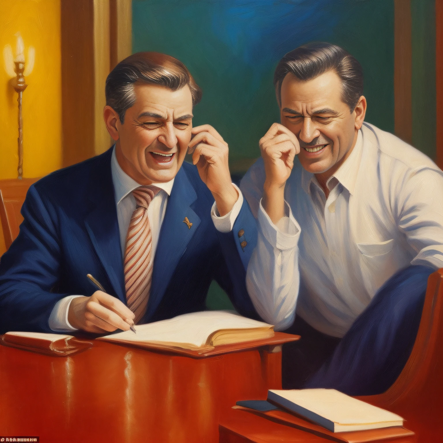 Um advogado rindo e seu cliente chorando. Pintura sem estilo: "impressionismo", 8K cores. Pinte com cores vibrantes e bem definidas, but in a way that the character is easily recognized and revealing the perfection of the character's facial expression.