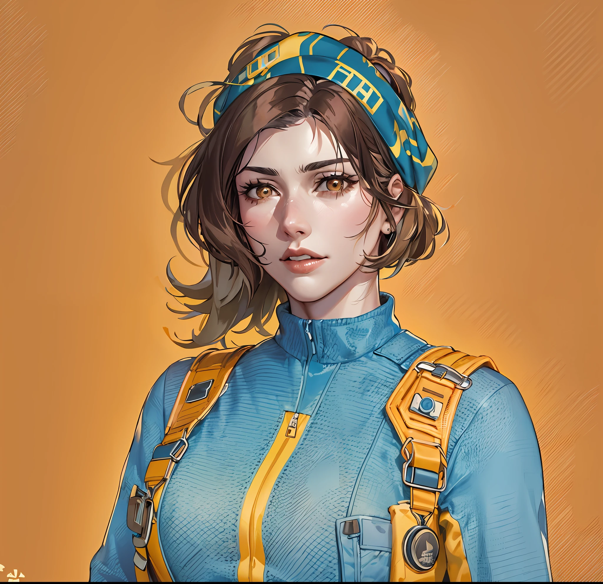 Fallout, a woman with messy brown hair, wearing a skintight vault jumpsuit, and a ragged blue metal gear bandana, brown eyes, blue jumpsuit with yellow stripes, backpack straps, fallout 3