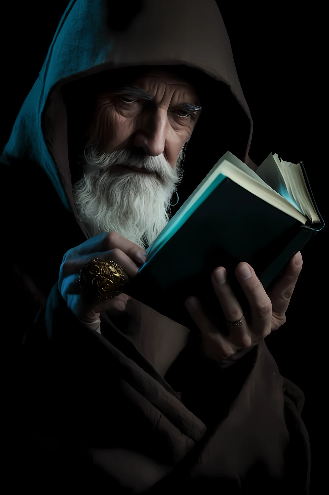 um homem com barba e capuz segurando um livro, wizard reading a directory, WISE OLD MAN, holding spell book, Retrato de um bruxo, wizard casting a spell, spell casting wizard, Alquimista medieval no escuro, Foto do personagem de fantasia, dramatic reading spell book pose, an arcane wizard casting a spell, wizard doing a tarot reading, mago masculino