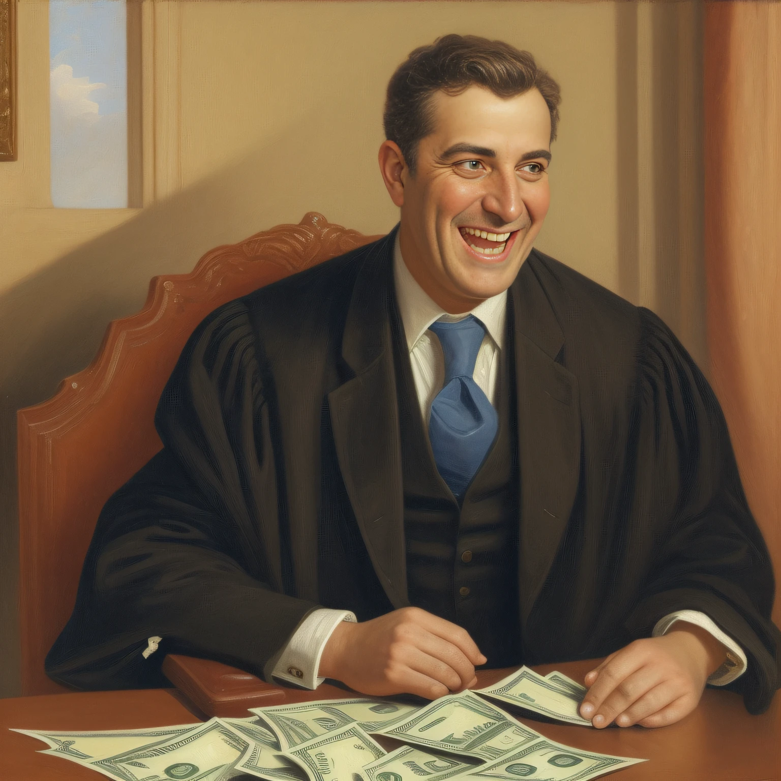A lawyer laughing with a lot of money in his pocket talking to a man who is sad and crying. Pintura sem estilo: "impressionismo", 8K cores. Pinte com cores vibrantes e bem definidas, but in a way that the character is easily recognized and revealing the perfection of the character's facial expression.