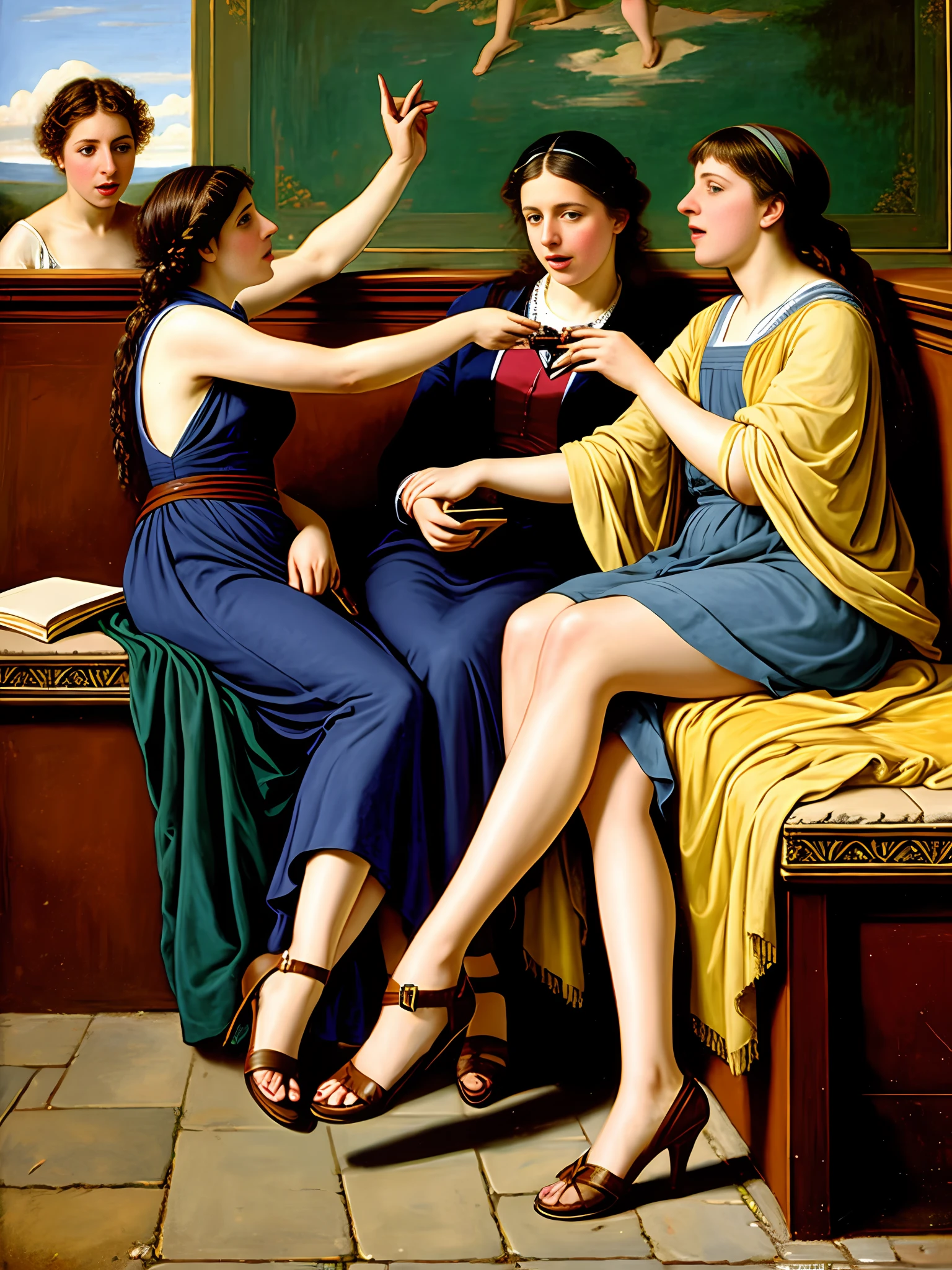 keep original image
Woman with long hair down to her feet
woman engaged in lively conversation, immersed in the atmosphere of the ancient Greek past, show the faces from another angle. captured in an artistic style similar to that of Alma Tadema. The image, while a realistic visual representation, avoids showing any reference to modern technology. Instead, the scene is portrayed as if it were a classic.
without the presence of the Canon EOS 5D Mark IV camera used to :: they are singing