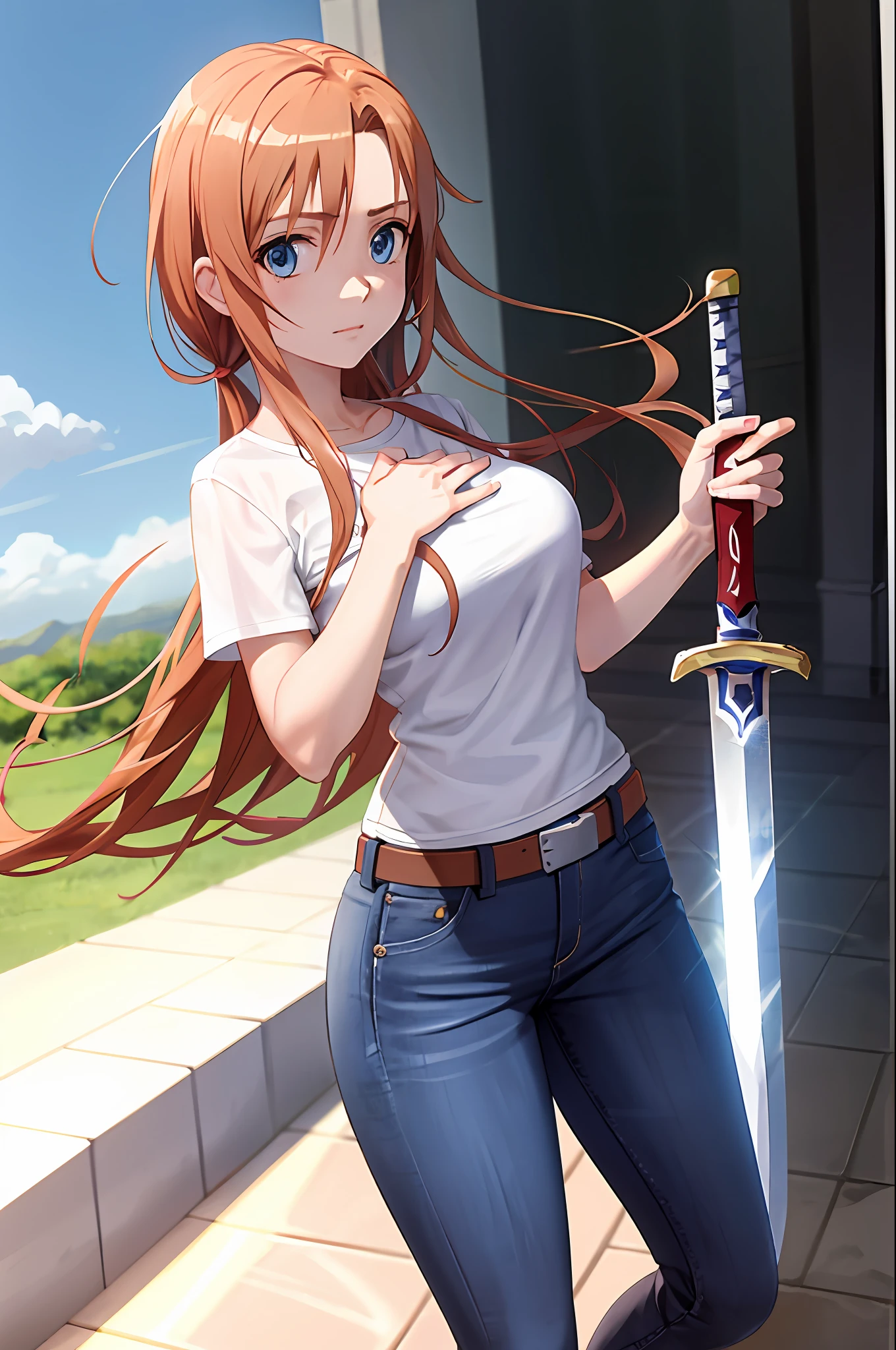 melhor qualidade, obra-prima, nice hands, perfect hands, ,Asuna ((sword ART online)), peitos grandes, bunda grande, anime, jeans glued, blusa vermelha colada, rosto detalhado,flawless eyes,corando, hand on chest,standing on