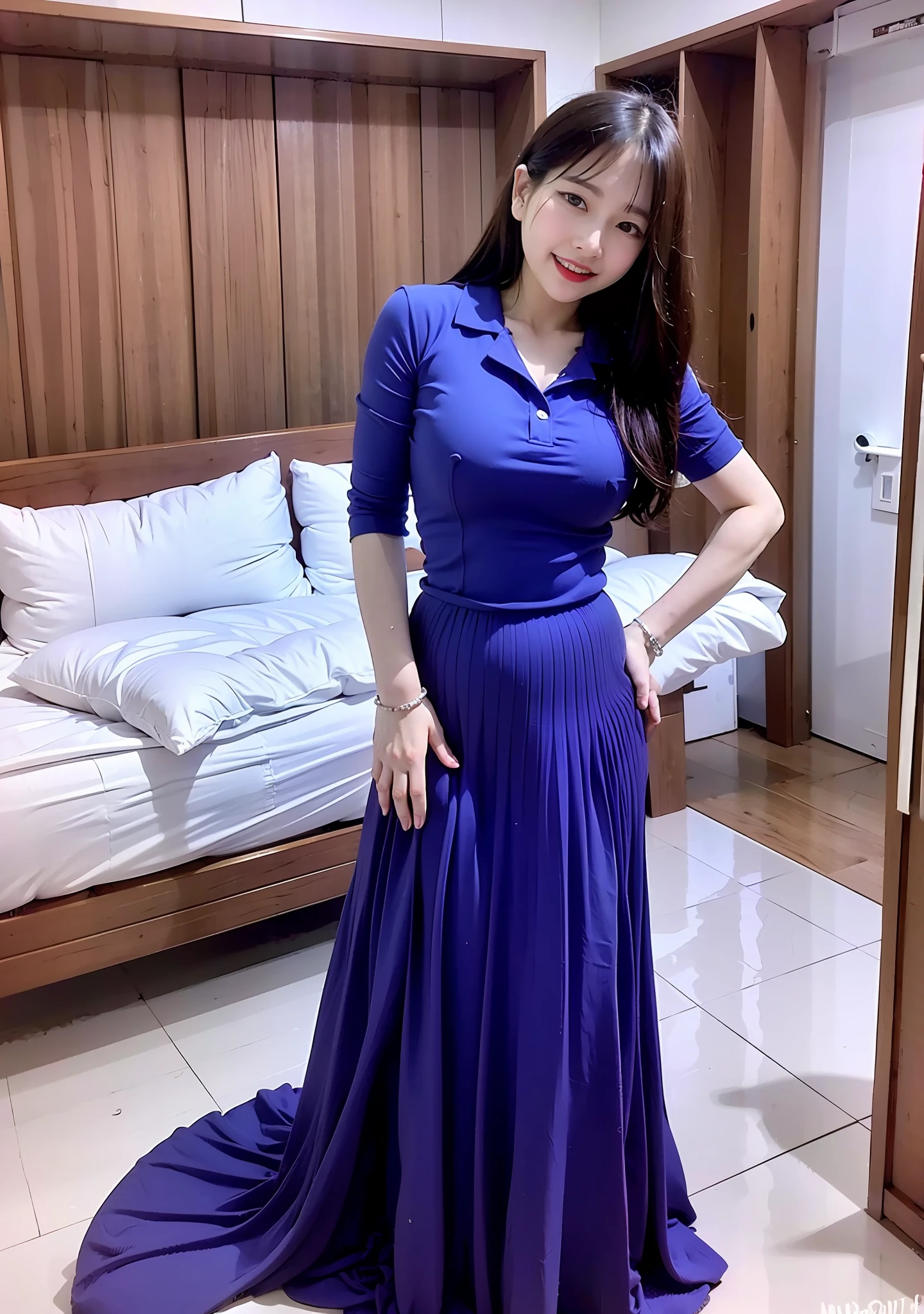 8k, super sharp photo, perfect quality, 1 vietnamese girl with sexy evening dress, standing in front of bedroom, hands outstretched, perfect breasts, attractive smile, clean face,  full body: 1.2, slim body, body abs, navy blue eyes, navy blue hair, neat hair,