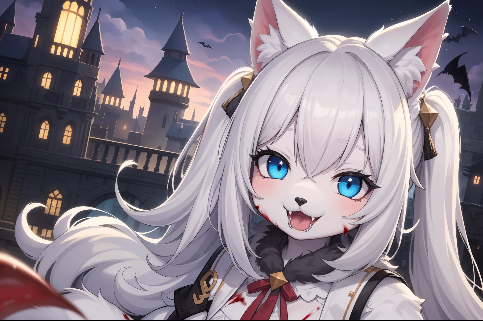 Cat Girl，was hairy，shaggy，Skin fur，White fur，Forelimb hands，hair splayed out，White ears，White face fur，White hair, hair splayed out, Shiny hair，Long hair，Hairline, lowtwintails，Blue eyes，Super cute face，Empty eyes，Crazy smile, Fangs，bat hair ornament，White dress，Ambient light，Ultra-fine fur，volumettic light，, dashed eyes, bangs, light and darkcontrast, ultra high def, 巨作, Super detail，Castle background，Night，starry light，blood, blood_On_clothes, blood_Hands, blood_arma, blood, blood_stain，guangjiao，