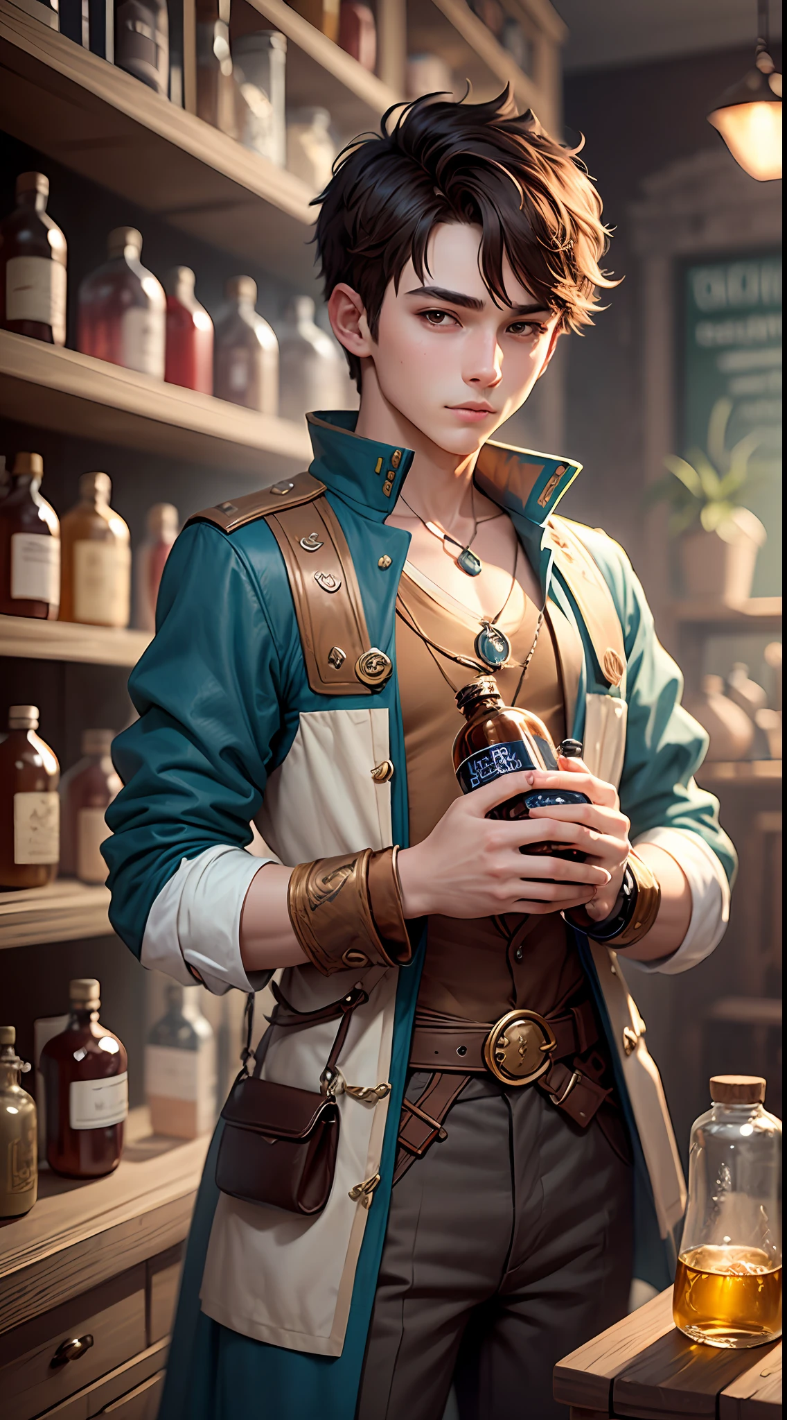 cute good looking alluring 18 year old gay boy with short brown hair and skinny unfit frame fantasy alchemist costume in a potion shop holding ingredients in one hand and an empty bottle in another