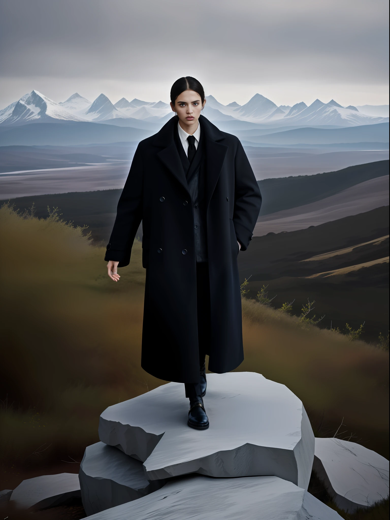 A fashion model standing on the peak of a mountain, in a dramatic pose, wearing a Burberry winter collection, with the untamed wilderness in the background. Extreme closeup, for Vogue, by Alec Soth  --ar 5:7 50 --style raw --s 2