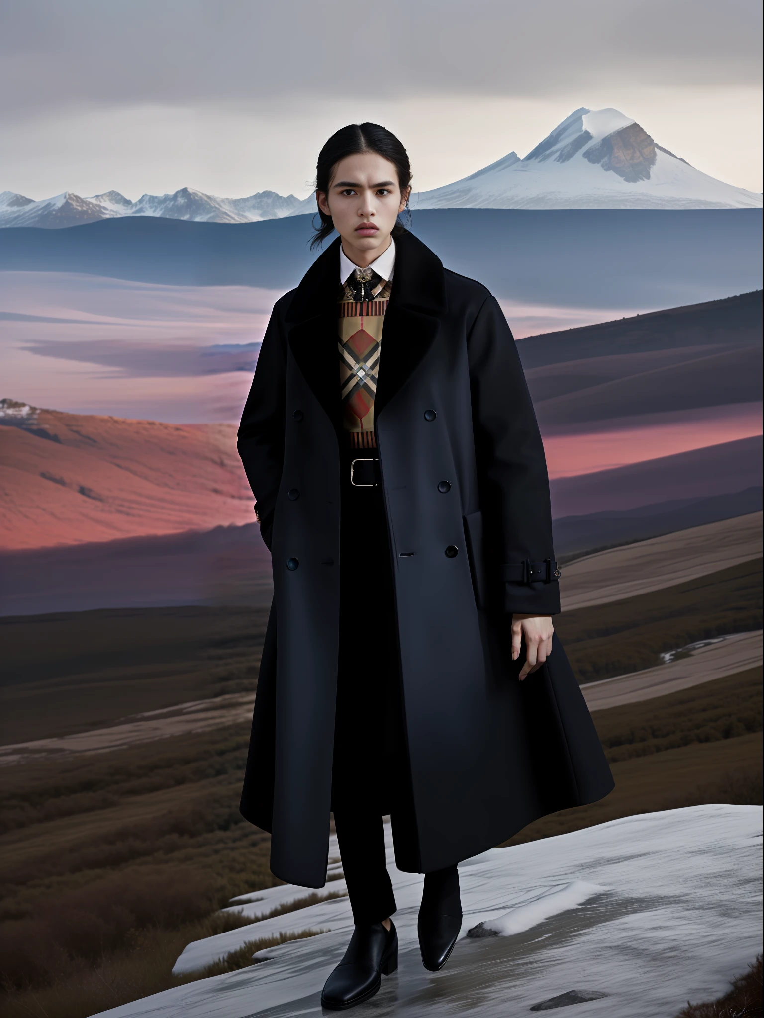 A fashion model standing on the peak of a mountain, in a dramatic pose, wearing a Burberry winter collection, with the untamed wilderness in the background. Extreme closeup, for Vogue, by Alec Soth  --ar 5:7 50 --style raw --s 2