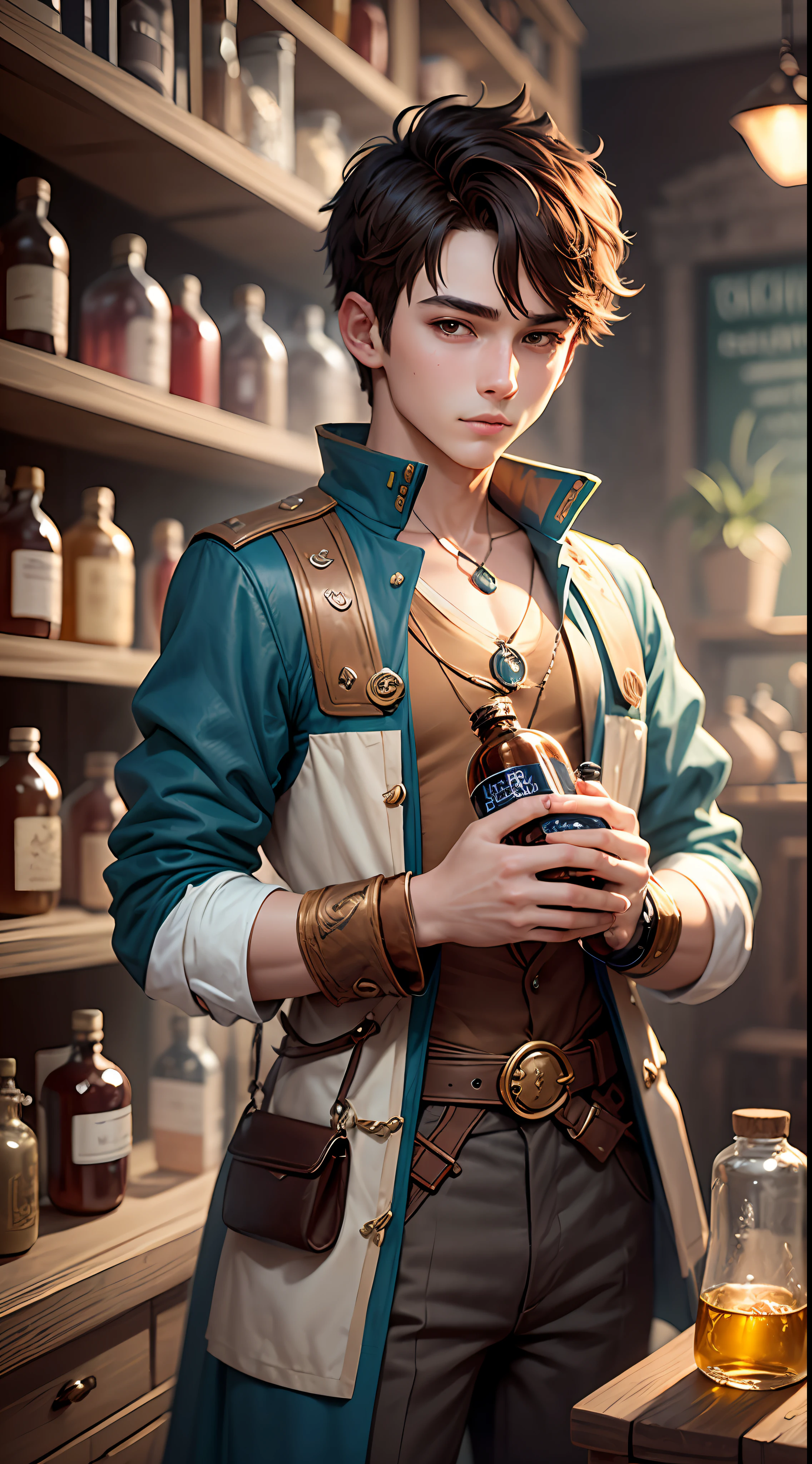 cute good looking alluring 18 year old gay boy with short brown hair and skinny unfit frame fantasy alchemist costume in a potion shop holding ingredients in one hand and an empty bottle in another