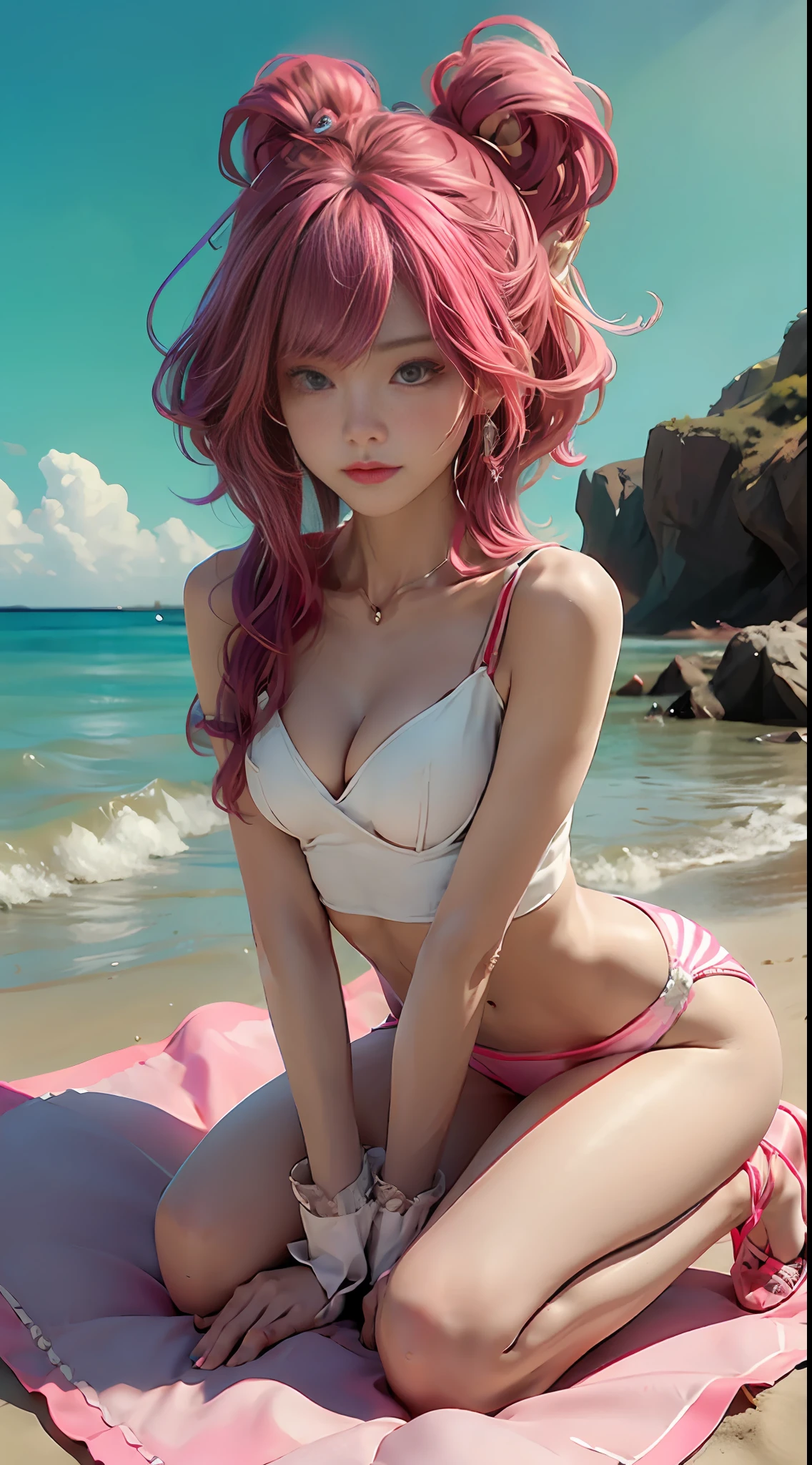 sitting on beautiful beach, pink color, head and full body, Extremely cute human eighteen year old girl, legs with hard white shiny shell, very beautiful and feminine, short, petite, beautiful , small, busty , , cleavage display, flat belly display, partial helmet with antenna on the ear, very stylish, award-winning product design, tights, opens at the cleavage and abdomen, stylish, glowing trims