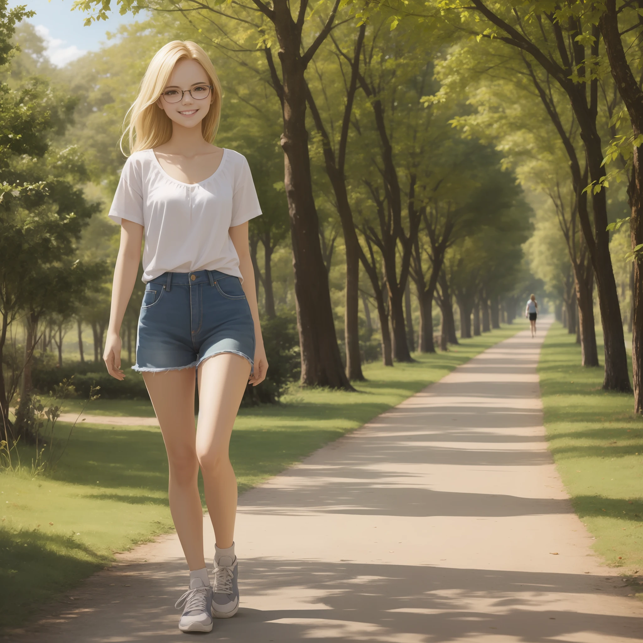 A blonde girl with glasse, sorridente, 17 anos, corpo perfeito, caminhando em um parque, Obra de arte, HD, 4K --auto