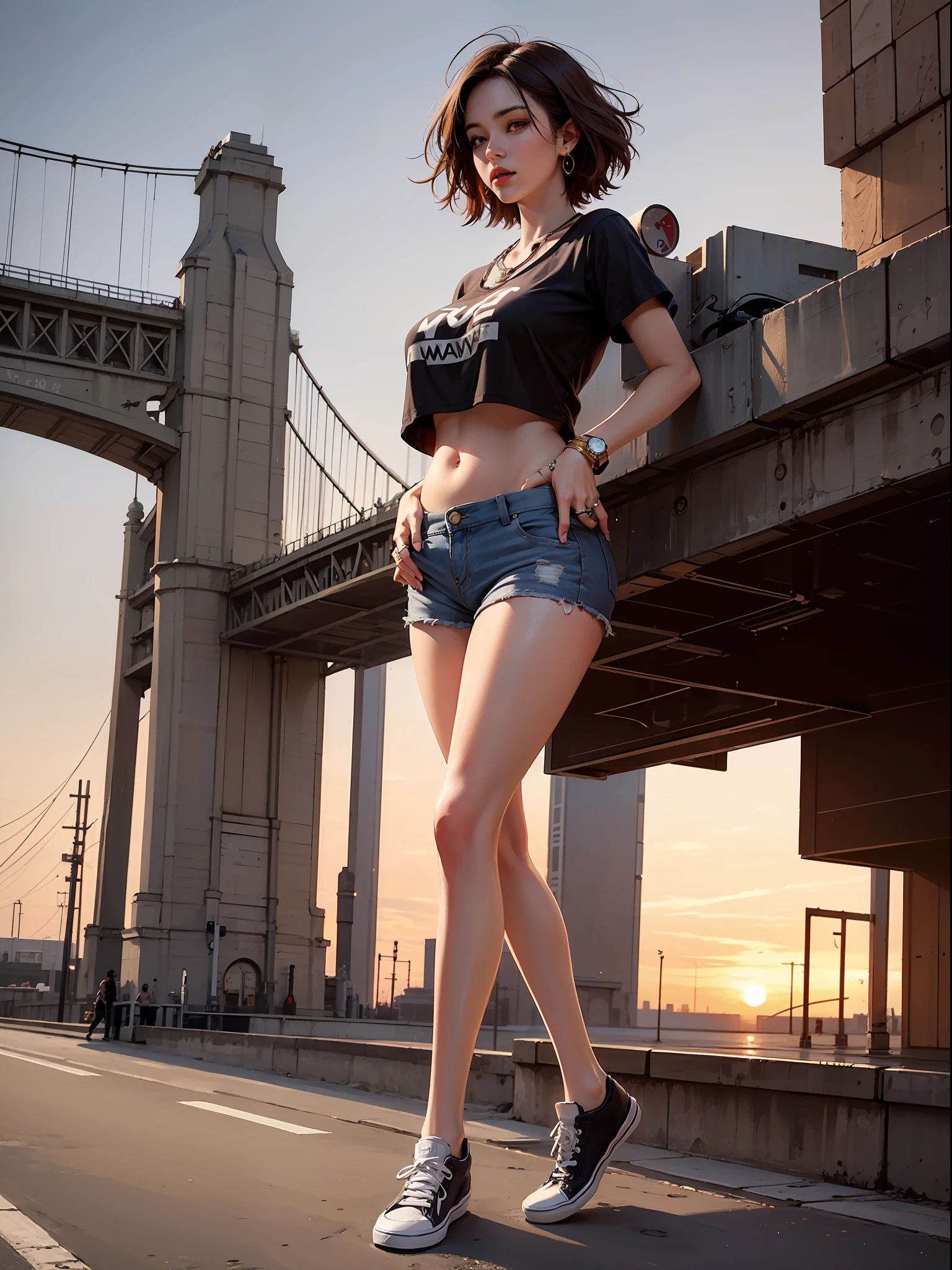 Best quality, full body portrait, delicate face, red short hair, mullet haircut, forehead, 18 year old girl, slim figure, huge bust, oversized crop top T-shirt, belly, crotch gap, cameltoe, mini G-string, sunset bridge, scene, standing tall, , necklace, rings, earrings, bracelet, watch, Vans Old Skool