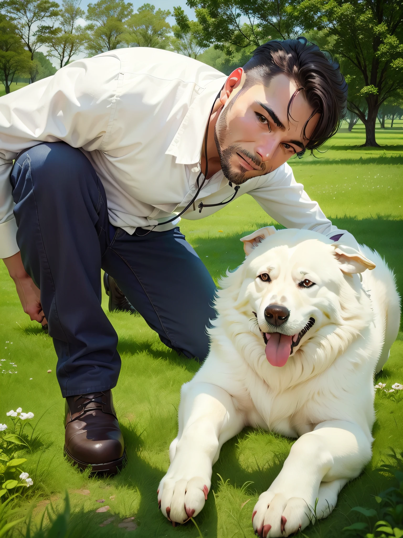 a men with her dog in nature, beautiful colors, , 4k resolution, very bright image, very beautiful --auto