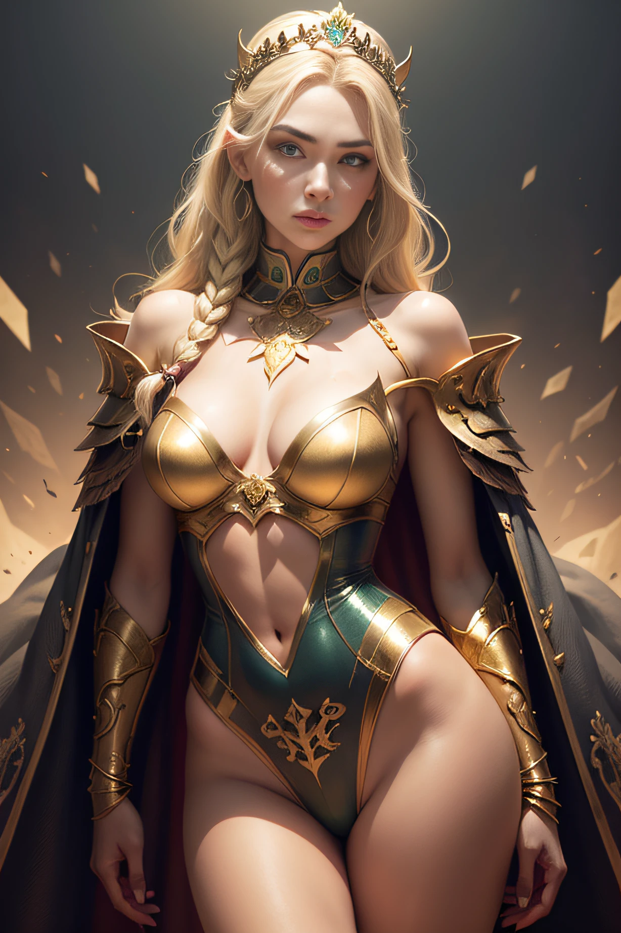 Blonde haired woman with braids, (medieval punk green neckline armor). Bright chrome gold lingerie with sharp reflections. Gems. Bare shoulders. (tiara). Low muscle definition. Beautiful legs. Bare shoulders visible. Detailed lighting. Artwork. Extreme beauty. Clothing with intense colored gradient effect. Professional image with high saturation. Professional camera. Illustration. Vibrant colors. vibrant yellow eyes, thin, fur cape, bright golden eyes, symmetry, intense look, black details on clothes, golden aura
