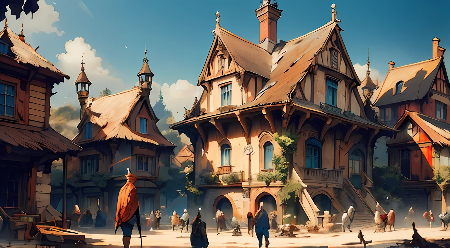 fantasy village, daylight, from Brian Froud and Carne Griffiths and Wadim Kashin and John William Waterhouse, 8K post-production, high resolution, hiperdetailed, trending in artstation, sharp-focus, Studio photo, from Greg Rutkowski
