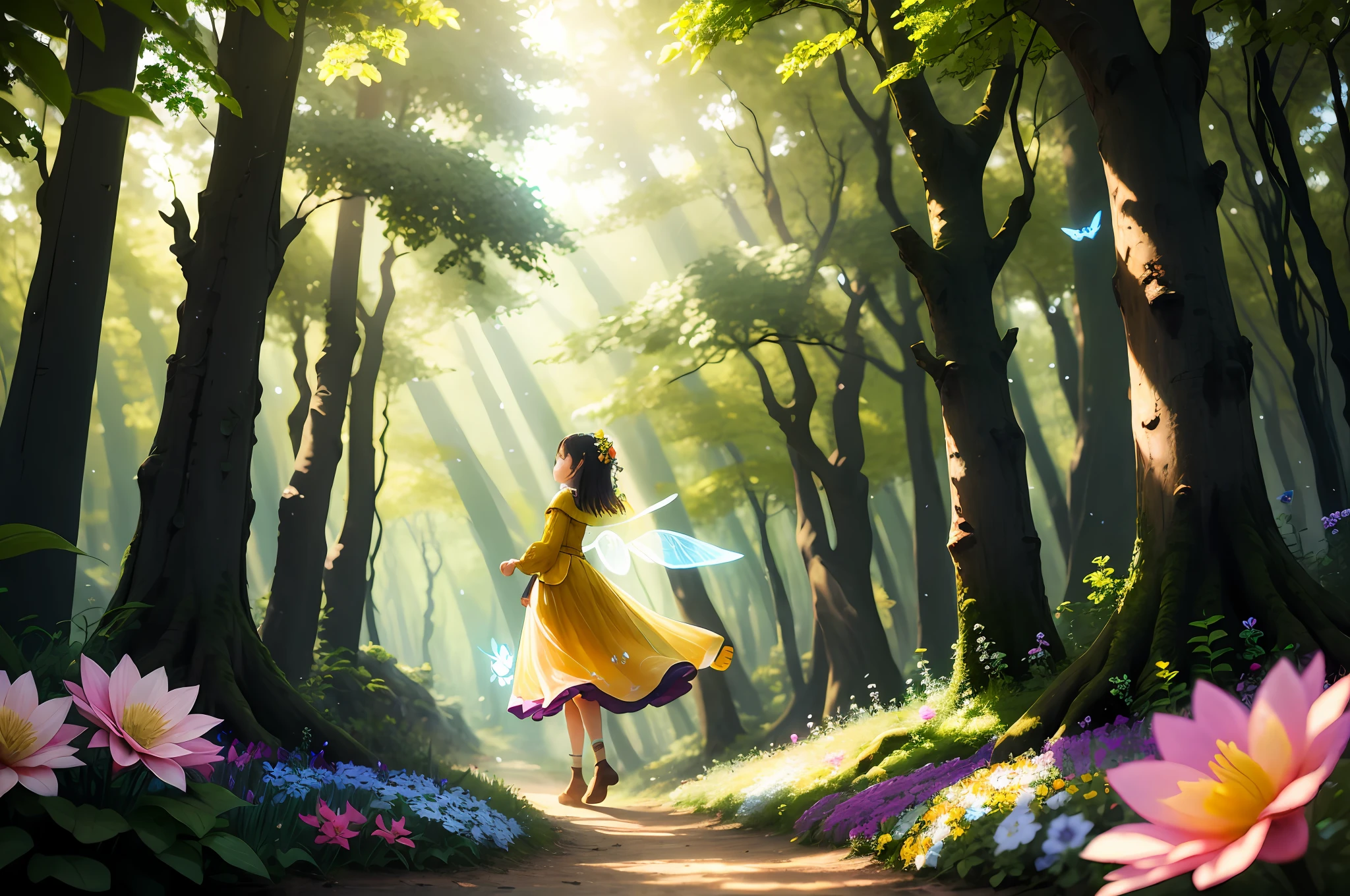 A magical forest, springtime, light dappled ground, plants and vibrantly colored flowers, trees beginning to leaf, fairies with translucent wings dart between the flowers, there is is glow and aura of yellow light