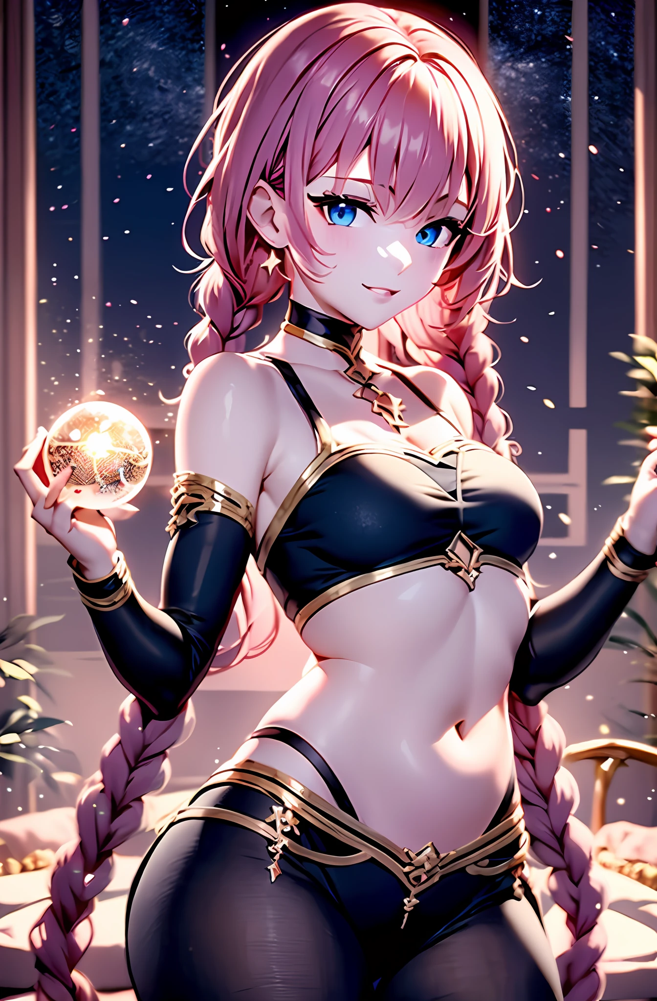 Portrait Art 15。Pink hair。length hair。pleats skirt。Camisole。耳环。e7 Tenebria, Pink hair, two long thin braids, lender body, Thin, cheeky face, Small breasts,Blue eyes, Black pants, white short blouse, showing belly, flat abdomen, Starry Night, under the moon, holding an orb of light, (Maste Piece), Best Quality, high resolucion, 4K, 8K, detailed illustration, with intricate details, Cinematic lighting, amazing quality, 1girls, fit female, amazing shading, Soft lighting, facing camera, Perfect eyes