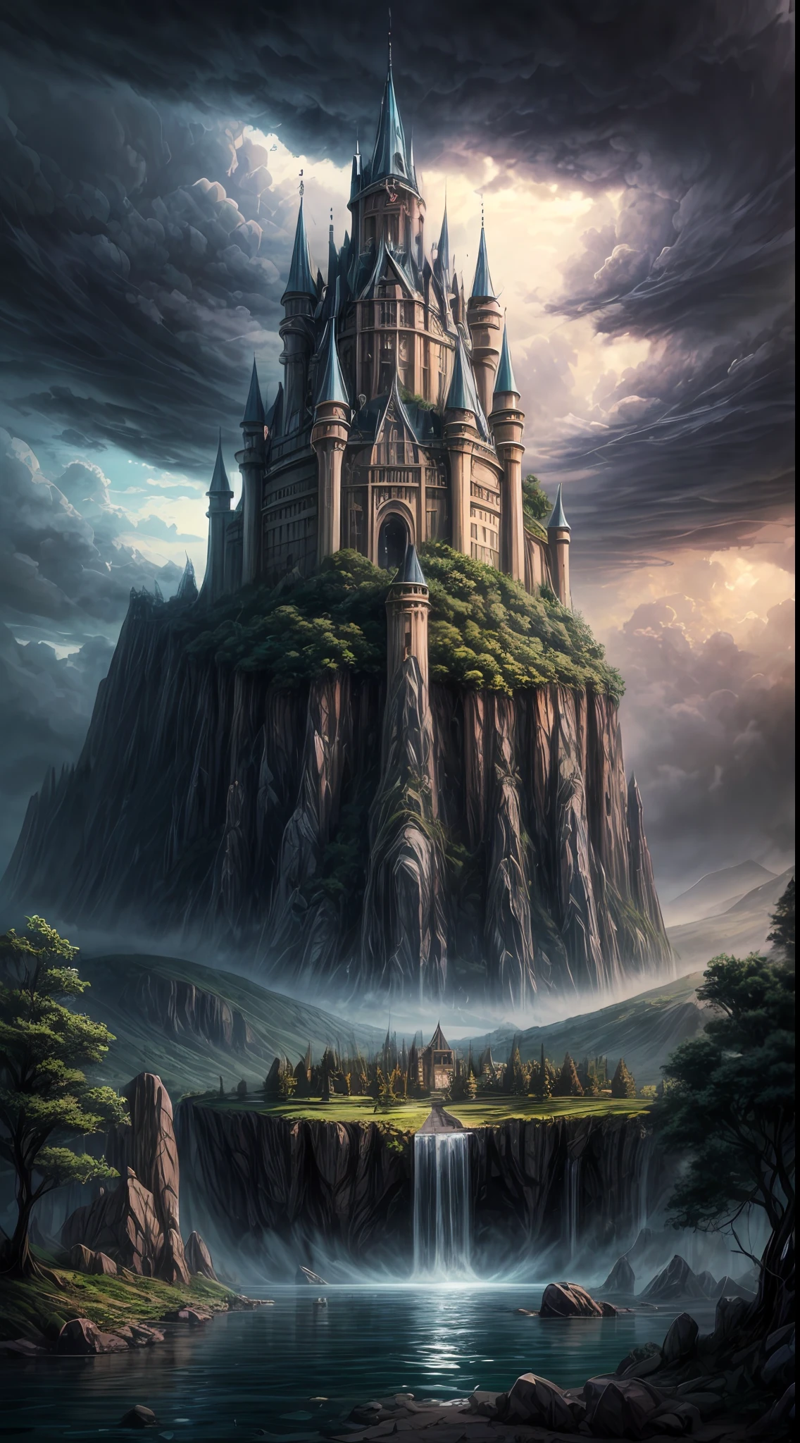 anime scene of a rock slab pathway leading towards a colossal castle ontop of a mountain surounded by water and trees, storm clouds circle the center of the castle, concept art by Kamagurka, pixiv contest winner, fantasy art, anime background art, anime concept hdr anime macmanus, 4k highly detailed digital art, background artwork, anime epic artwork, anime scenery concept art, 4k detailed digital art, made of tree and fantasy valley,