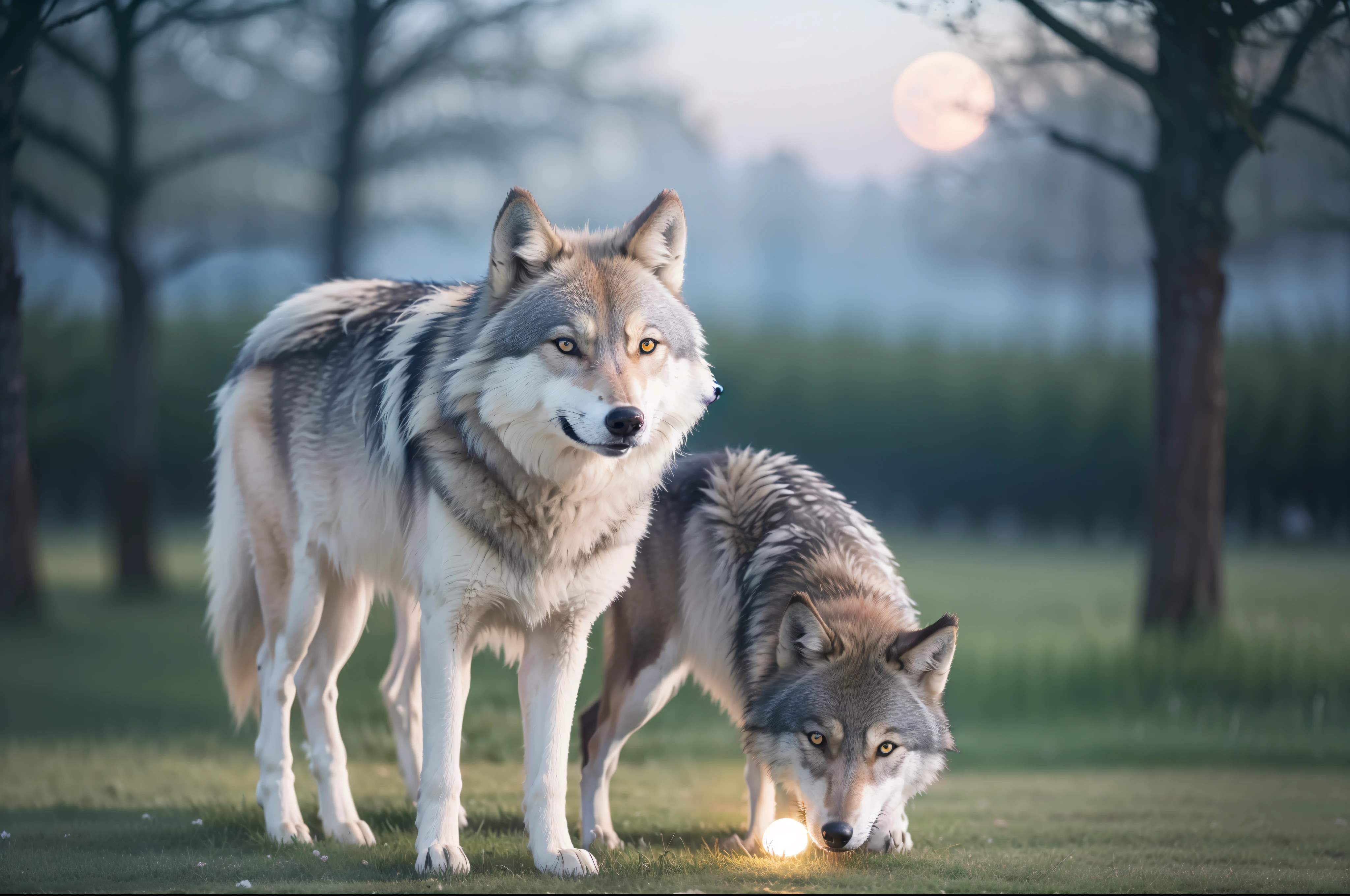 A wolf feeds on the grassland on a moonlit night