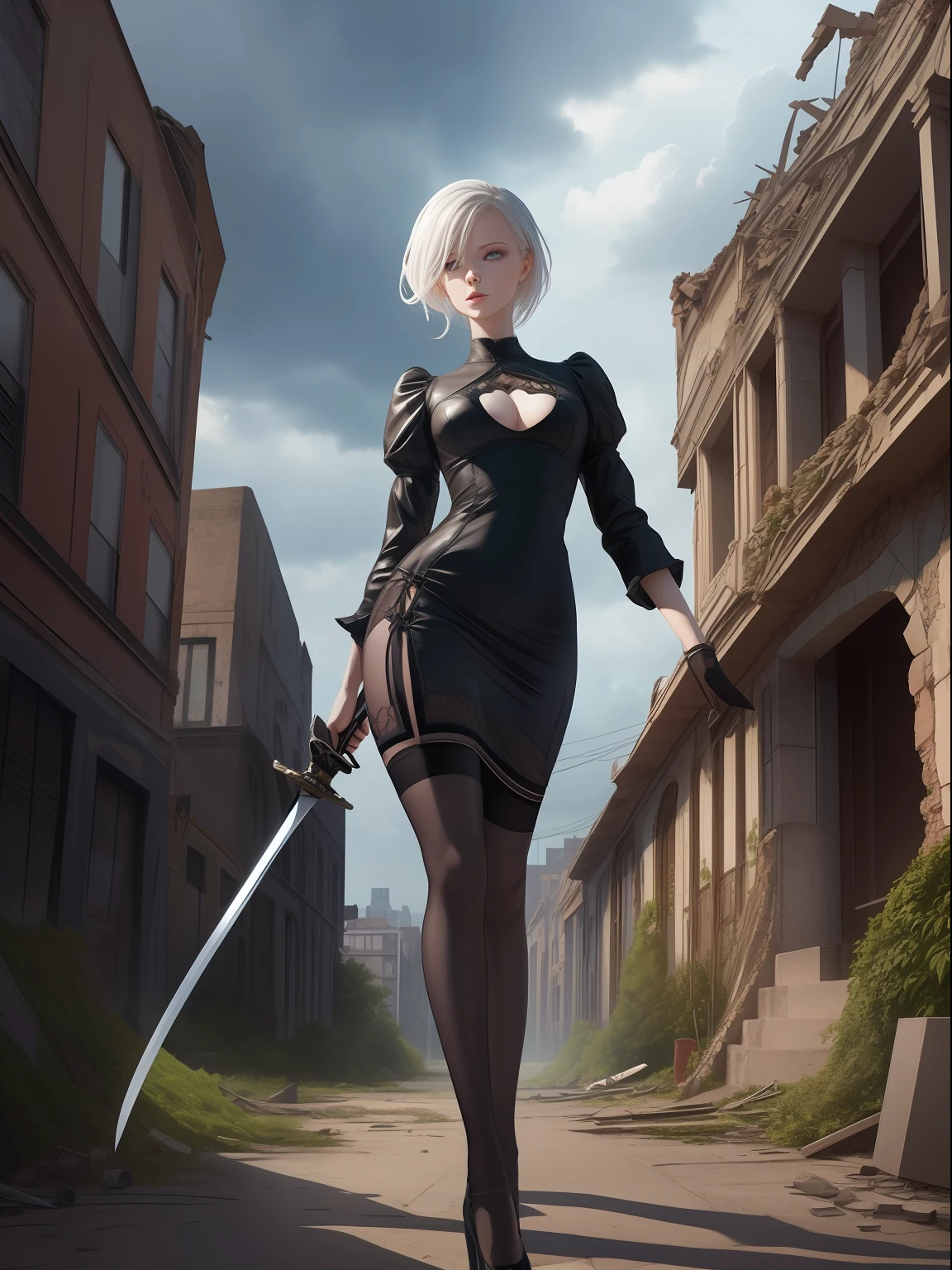 master piece background of a city in ruins, with storm clouds and lines of tracer ammunition, female model in high definition high quality photorealistic style young albino woman with a slender figure with sufficient chest and ample hips, in suggestive combat pose with a Japanese sword futuristic, bright blue eyes, long clean satin white hair, black gothic dress with see-through chest, defined thighs, see-through garter belt stockings, black leather high-heeled shoes, city floor with shabby vegetation, effects of shrapnel in the buildings quality of nature, quality in the texture of the clothes, quality in the texture of the skin, spectacular clouds, beautiful face, symmetrical and defined face