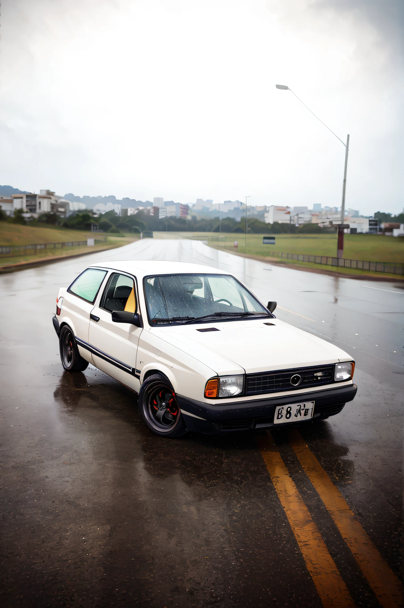 (8K, RAW, very detailed photo, ultra realistic), has a white car coming down the road in the rain, very sad c 12.0, nostalgic 8k, from São Paulo, by Felipe Seade, beautiful image, classic vibes, f/1 1. 0, one full wide shot, 240p, turbo, full front side, front side, sao paulo, tunning, body kit, vanta blac