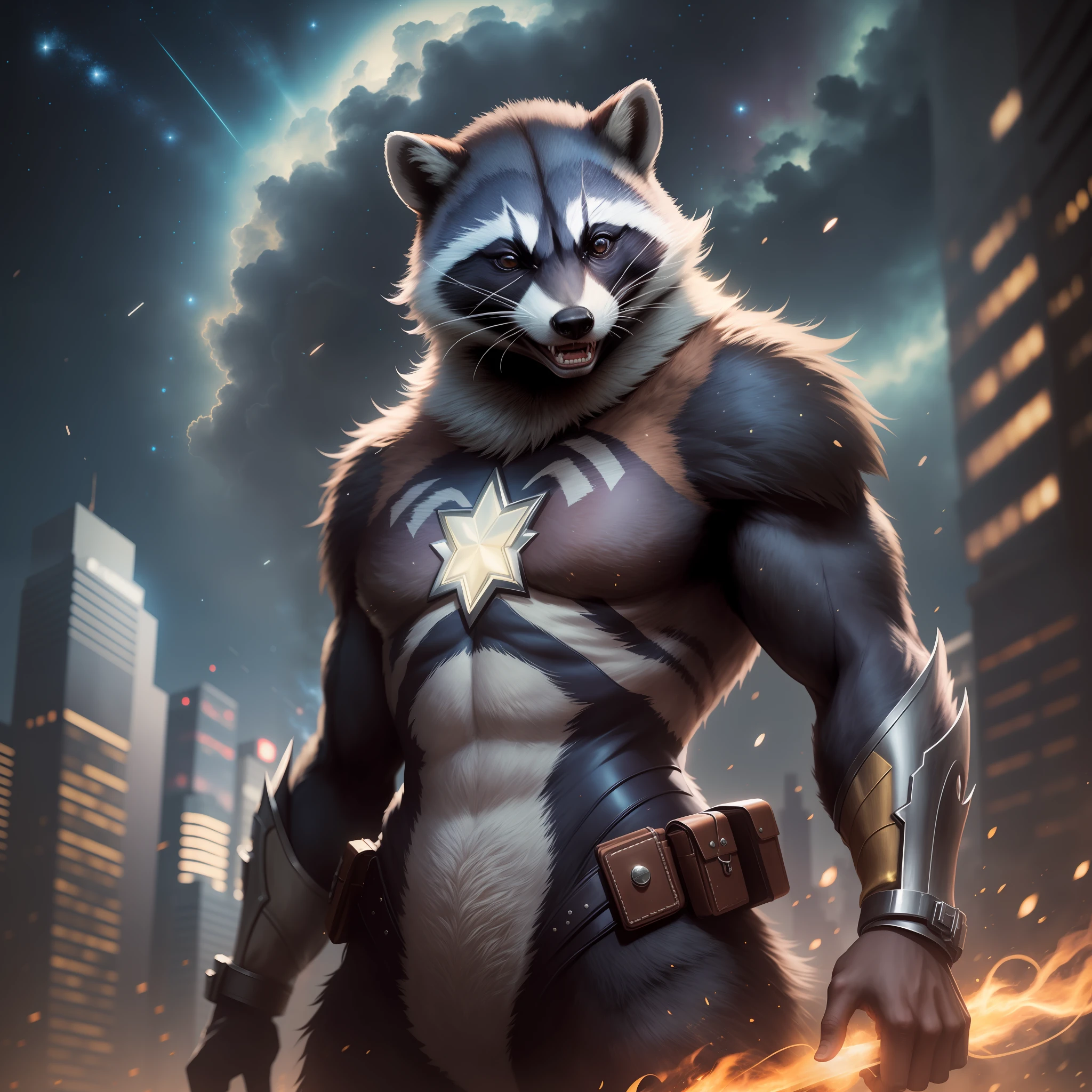 A hyperrealistic, cinematic-still portrait of a superhero racoon, standing in a heroic pose, with a determined expression and a backdrop of a star-filled night sky.