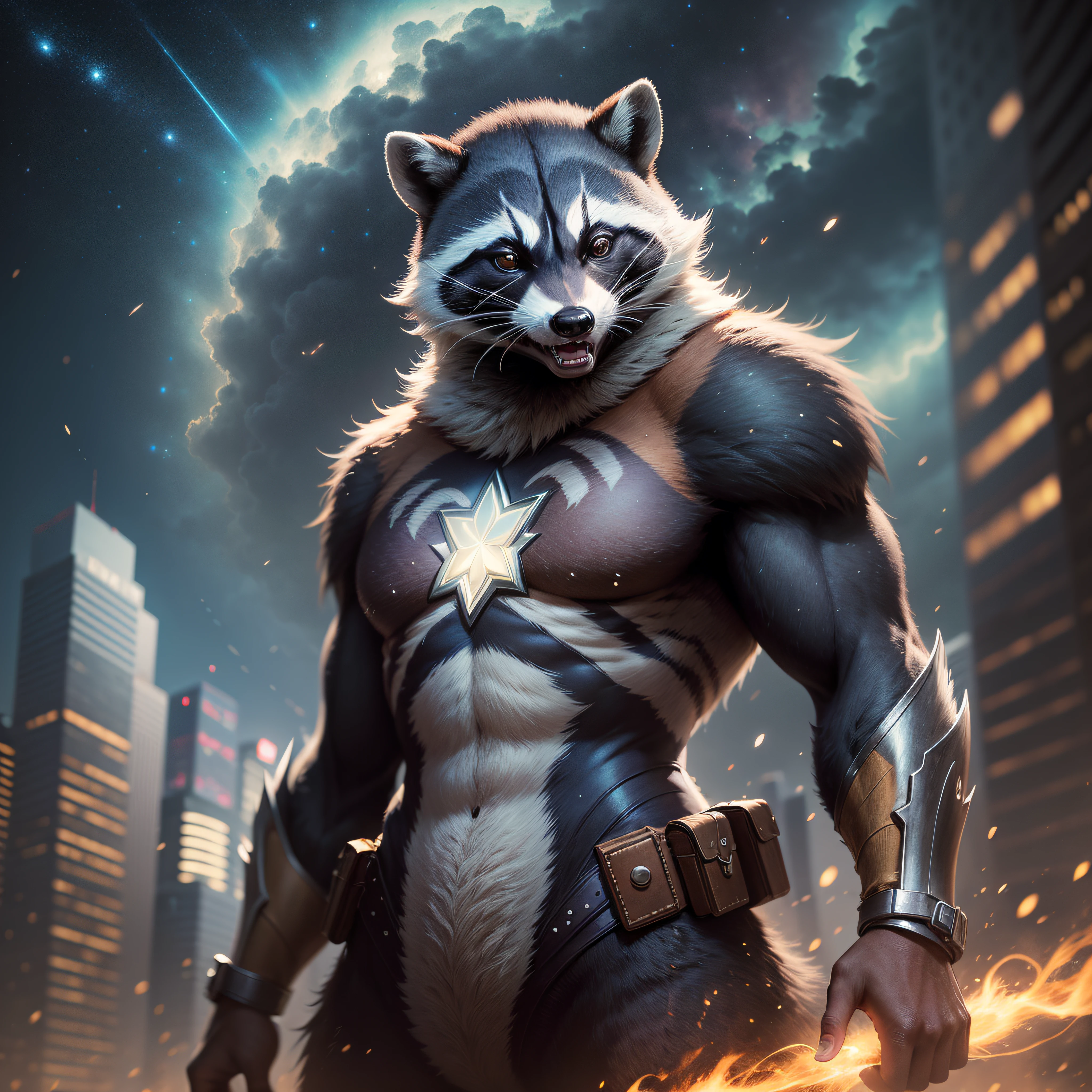 A hyperrealistic, cinematic-still portrait of a superhero racoon, standing in a heroic pose, with a determined expression and a backdrop of a star-filled night sky.