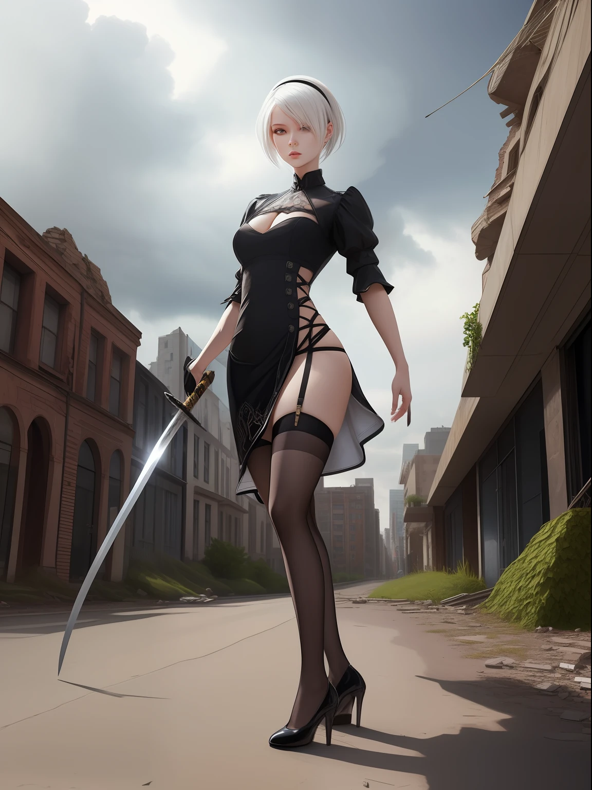 master piece background of a city in ruins, with storm clouds and lines of tracer ammunition, female model in high definition high quality photorealistic style young albino woman with a slender figure with sufficient chest and ample hips, in suggestive combat pose with a Japanese sword futuristic, bright blue eyes, long clean satin white hair, black gothic dress with see-through chest, defined thighs, see-through garter belt stockings, black leather high-heeled shoes, city floor with shabby vegetation, effects of shrapnel in the buildings quality of nature, quality in the texture of the clothes, quality in the texture of the skin, spectacular clouds, beautiful face, symmetrical and defined face