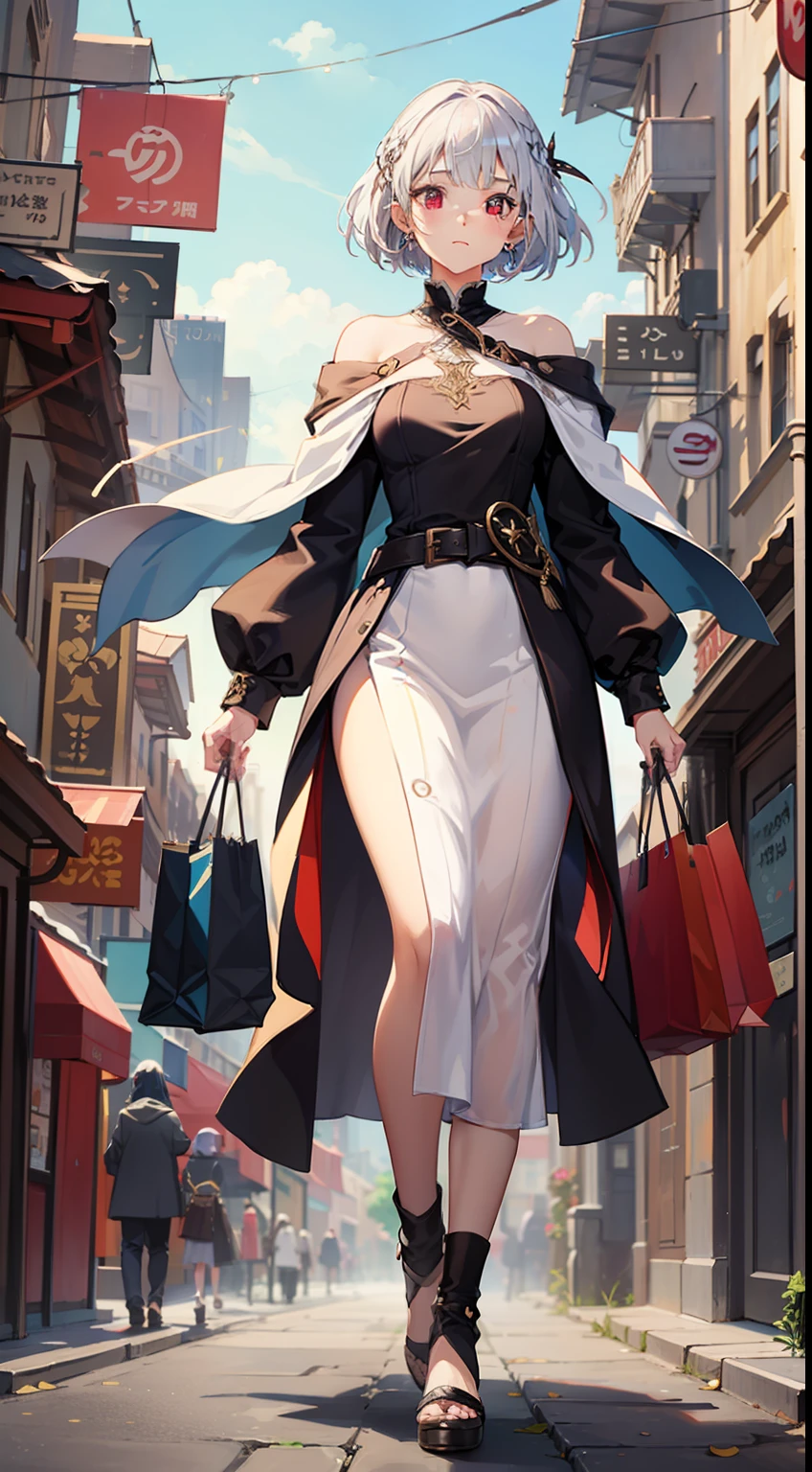 1 Whole body of a girl, Medieval cityscape, elvish, has silver hair, Red eyes, bob cuts, Braided hair, sorcerer, robe, ruffles, Long skirt, tights, cloak, Walking, shopping, rinka, concept-art, beautiful anime scene, Beautiful anime scenery, of the best quality, A masterpice