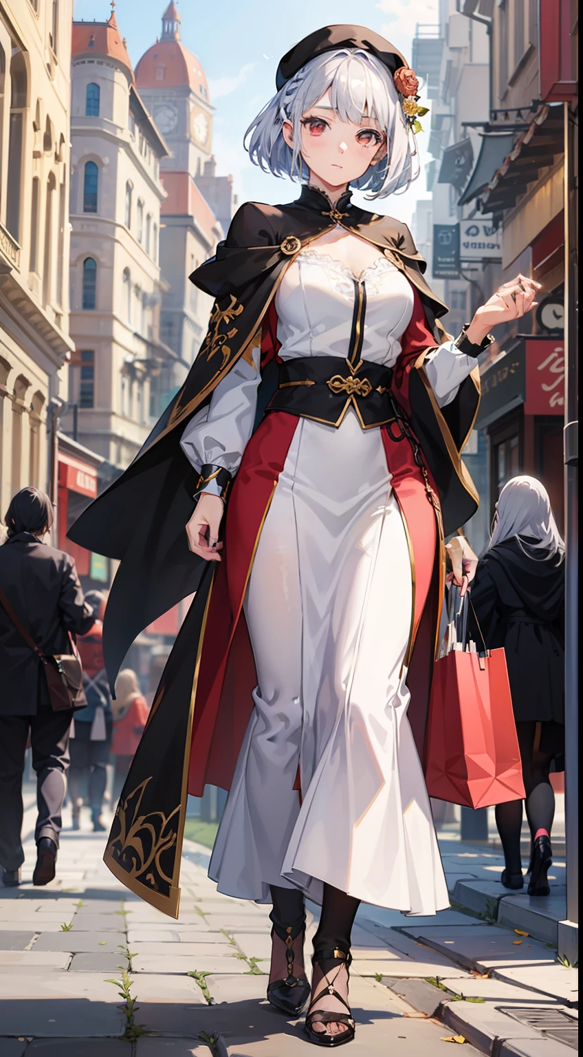 1 Whole body of a girl, Medieval cityscape, elvish, has silver hair, Red eyes, bob cuts, Braided hair, sorcerer, robe, ruffles, Long skirt, tights, cloak, Walking, shopping, rinka, concept-art, beautiful anime scene, Beautiful anime scenery, of the best quality, A masterpice