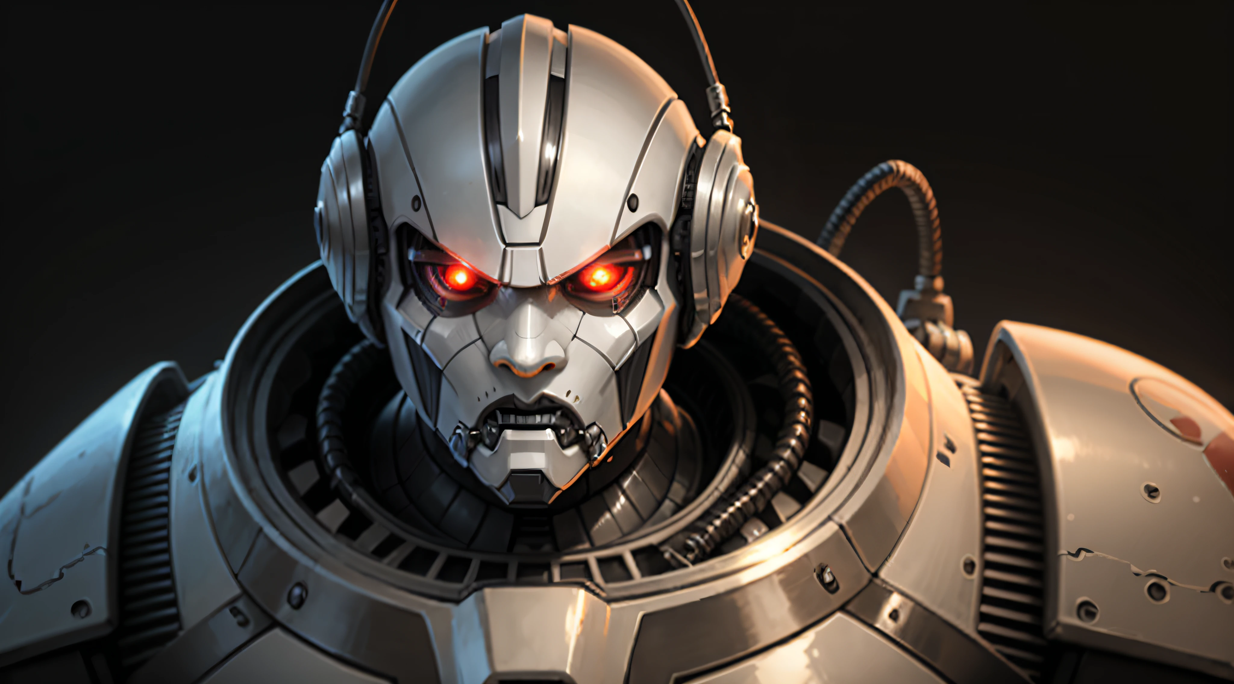 Robot, mercury-colored, two meters tall, strong, red eyes, robotic face, evil face, with mouth to speak, male, frontal image --auto