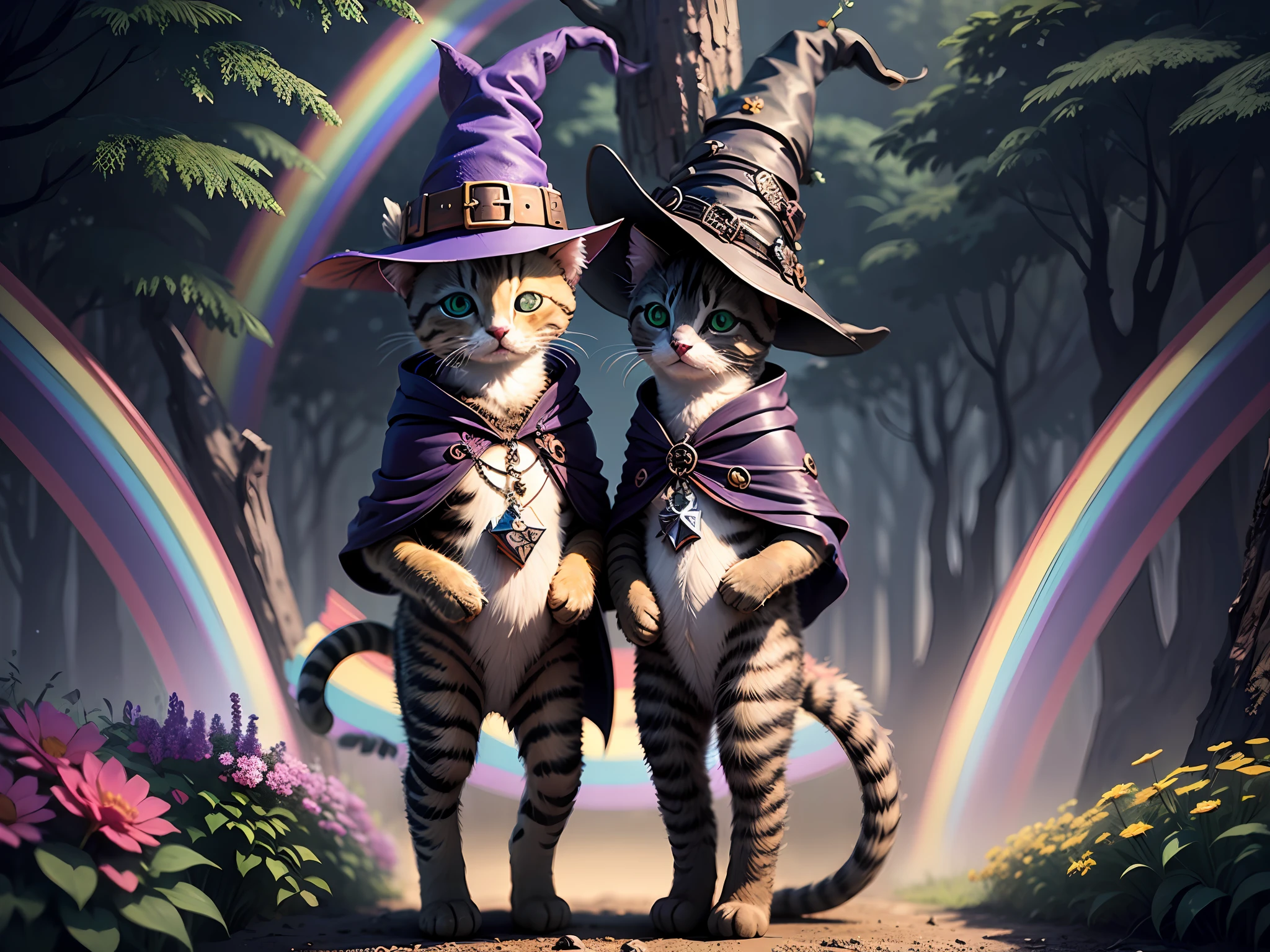 magical forest full of rainbow colored plants and exotic flowers