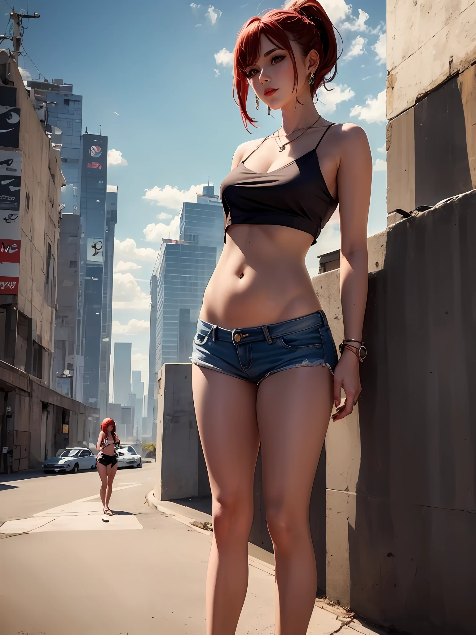 Best quality, full body portrait, delicate face, red short hair, ponytail, forehead, 18 year old girl, slim figure, huge bust, oversized crop top T-shirt, belly, small waist, crotch gap, cameltoe, low-waist shorts, string bikini bottoms, sunset bridge, scene, standing tall, long leg , necklace, rings, earrings, bracelet, watch, Nike Air Jordan, open legs, there is a woman with red hair and a black top posing on a street, better known as amouranth, amouranth, young beautiful amouranth, redhead female cyberpunk, in cyberpunk style, misty from pokemon, on a rooftop, cyberpunk 2 0 y. o model girl, wearing a sexy cropped top, beautiful cyberpunk woman model, in a cyberpunk setting