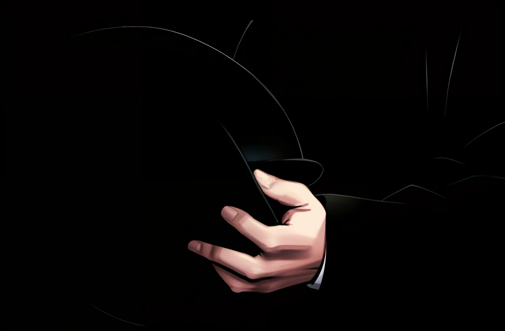 a man in a black coat holding a black hat, hand holding cap brim, ((arte pro Frank Miller)), comic style, line art