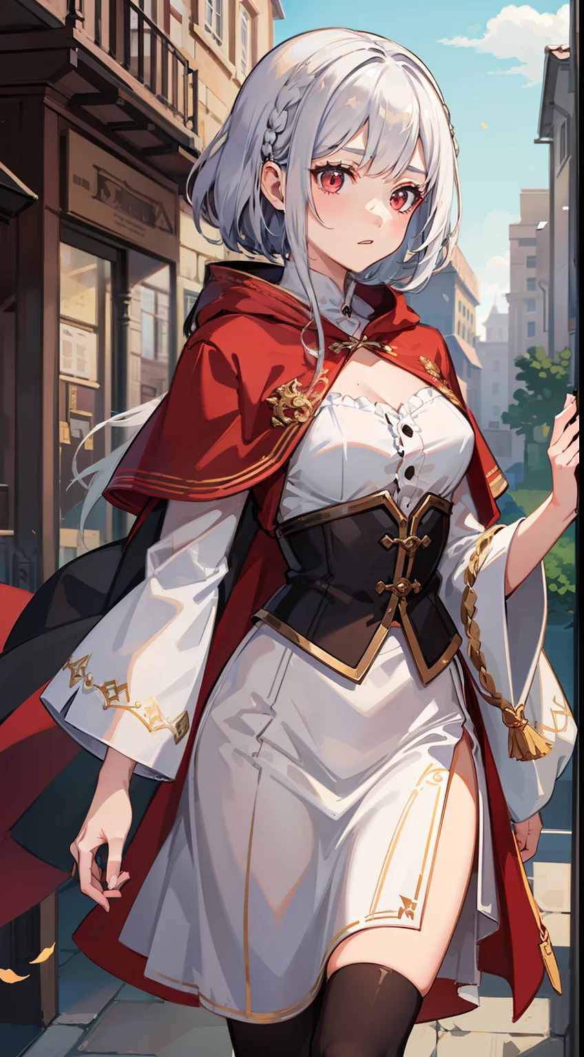 1 Close-up of a girl, Medieval cityscape, elvish, has silver hair, Red eyes, bob cuts, Braided hair, Sorcerer, robe, ruffles, tights, cloak, Walking, shopping, rinka, concept-art, beautiful anime scene, Beautiful anime scenery, of the best quality, A masterpice