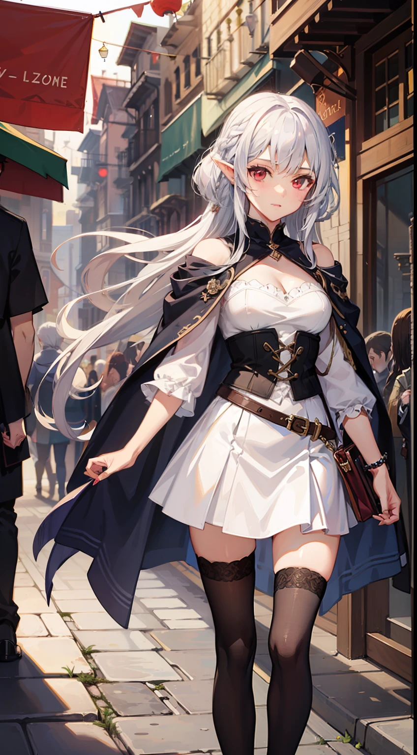 1 Close-up of a girl, Medieval cityscape, elvish, has silver hair, Red eyes, bob cuts, Braided hair, Sorcerer, robe, ruffles, tights, cloak, Walking, shopping, rinka, concept-art, beautiful anime scene, Beautiful anime scenery, of the best quality, A masterpice
