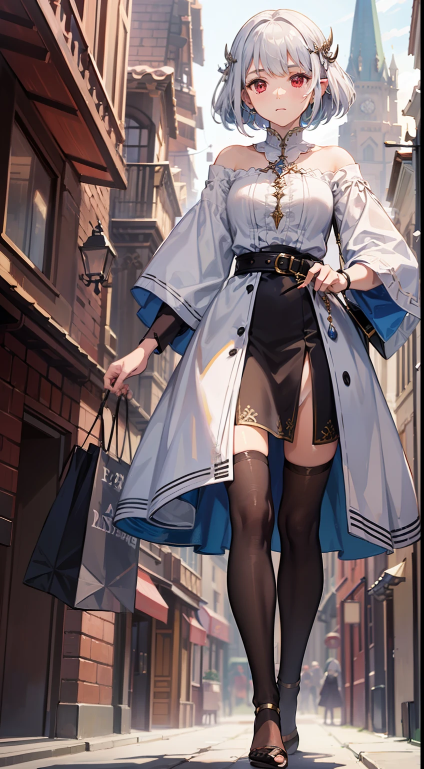 1 Close-up of a girl, Medieval cityscape, elvish, has silver hair, Red eyes, bob cuts, Braided hair, Sorcerer, robe, ruffles, tights, cloak, Walking, shopping, rinka, concept-art, beautiful anime scene, Beautiful anime scenery, of the best quality, A masterpice