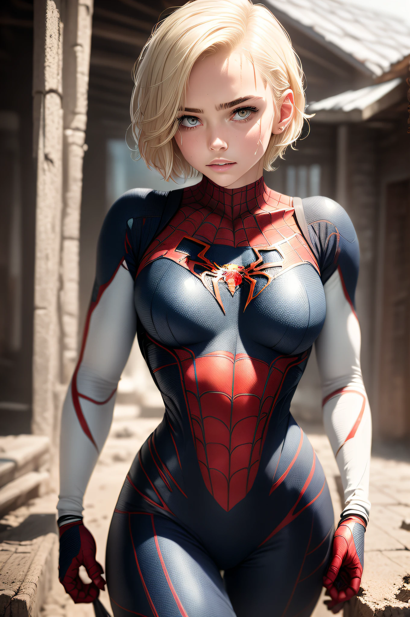 18 yo girl, white spider man suit, short blunt hair, blonde, beautiful face, rain, roof, masterpiece, intricate detail, perfect anatomy