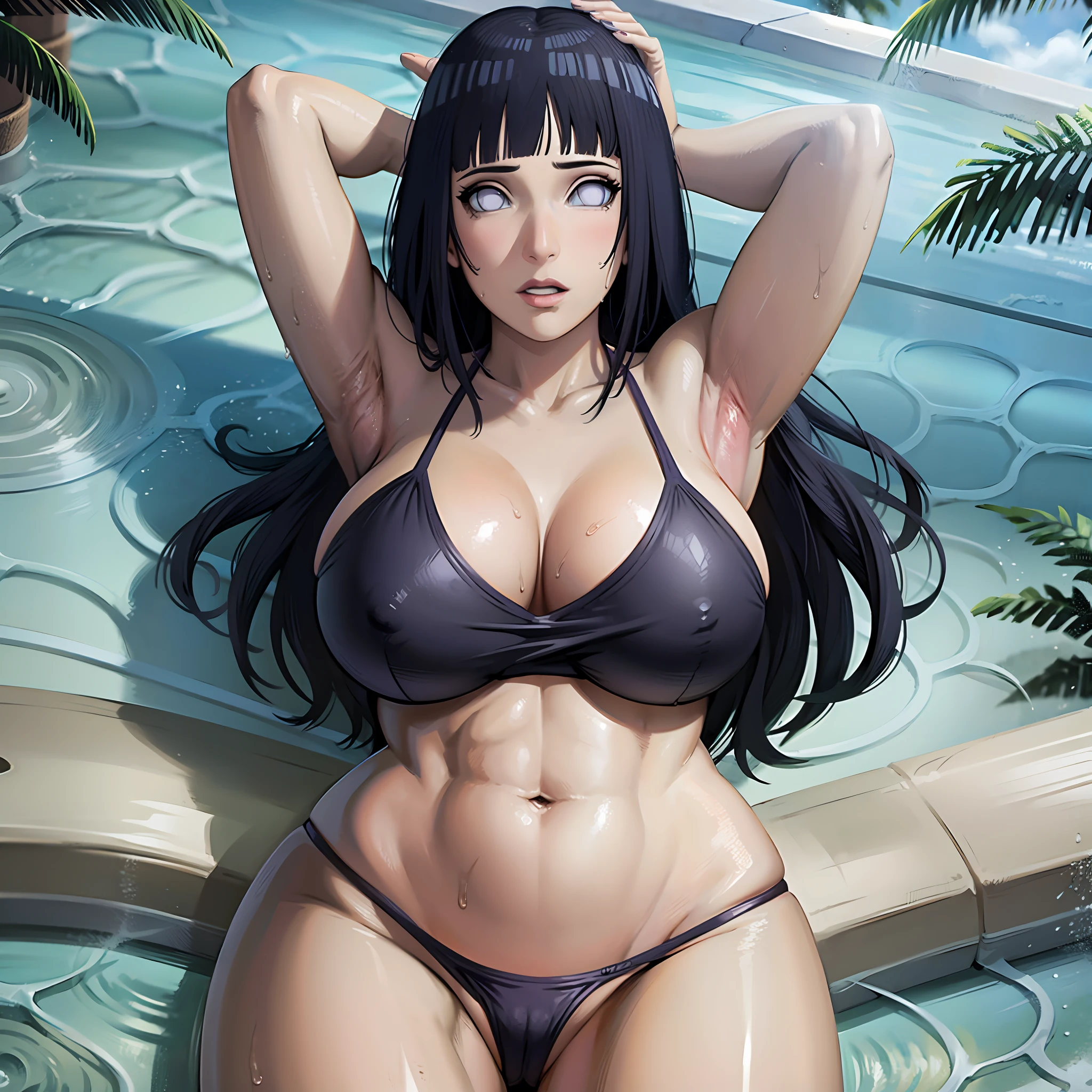 Hinata,1girl,solo, beautiful, thicc thighs, huge breasts, breasts bigger than head, gigantic breasts, wearing purple gradient bikini, in swimming pool,pure eyes, realistic pupils, highly details eye, perfect anatomy, good anatomy, good composition, armpits, sweating, Mom, milf, thicc thighs, lubricant skin groin area, oily skin, red armpits, sweat armpits