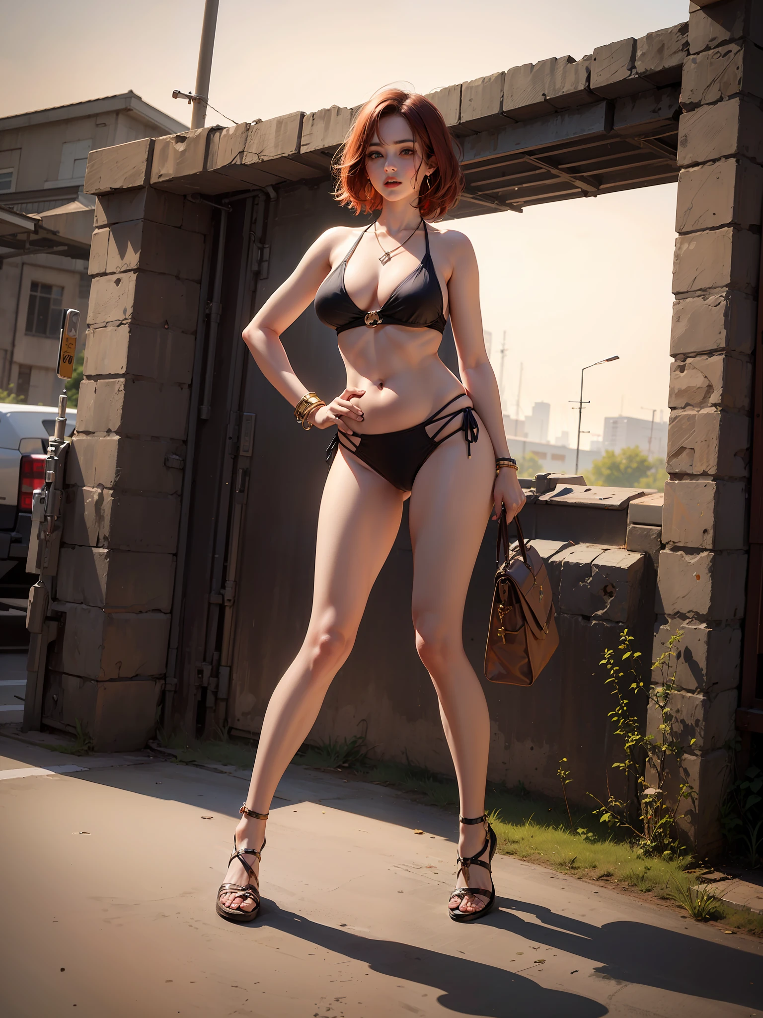 Best quality, full body portrait, delicate face, red short hair, forehead, 18 year old girl, slim figure, huge bust, belly, crotch gap, cameltoe, string bikini bottoms, sunset bridge, scene, standing tall, , necklace, rings, earrings, bracelet, watch, Vans Old Skool, squat, open legs