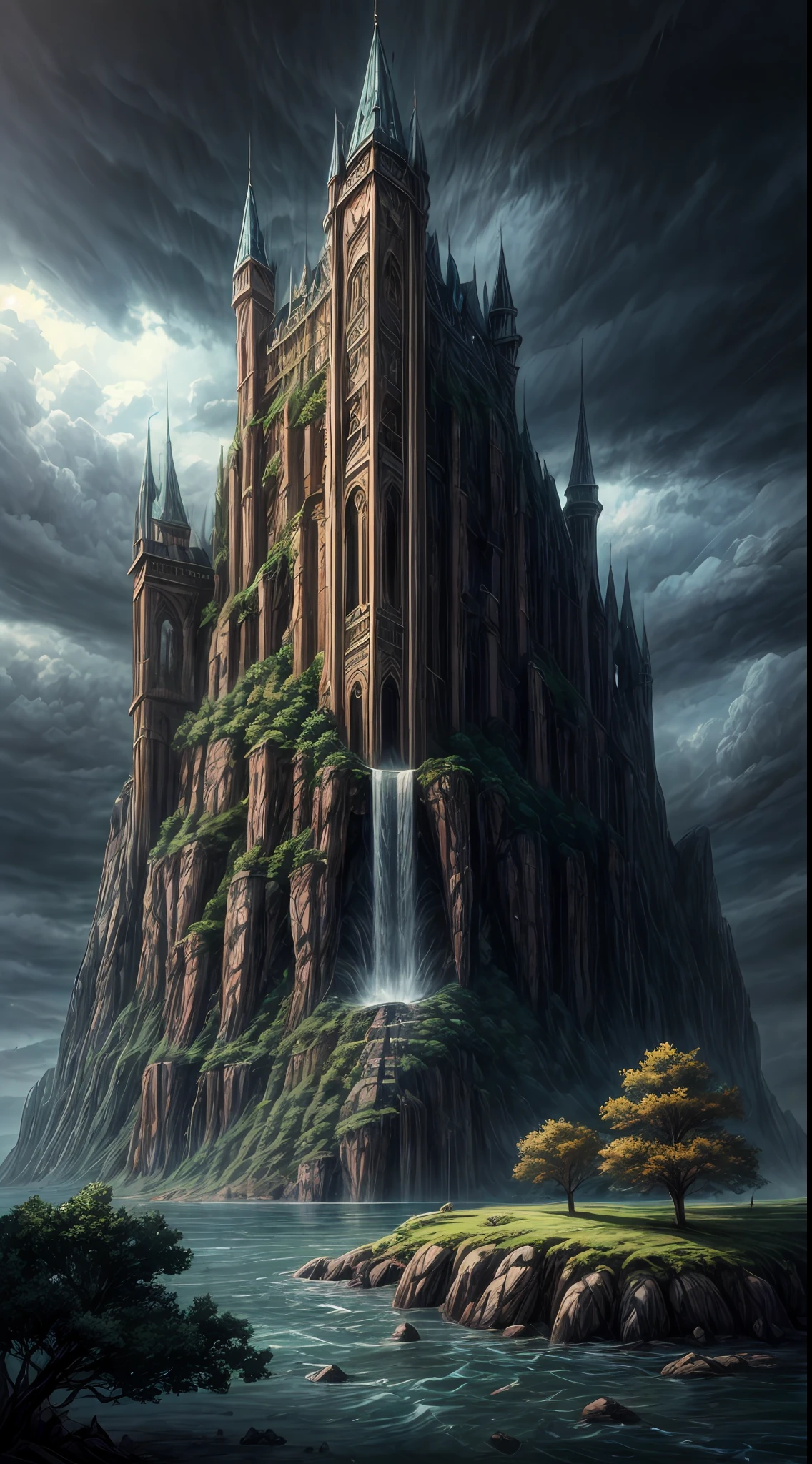 anime scene of a rock slab pathway leading towards a colossal castle ontop of a mountain surounded by water and trees, storm clouds circle the center of the castle, concept art by Kamagurka, pixiv contest winner, fantasy art, anime background art, anime concept hdr anime macmanus, 4k highly detailed digital art, background artwork, anime epic artwork, anime scenery concept art, 4k detailed digital art, made of tree and fantasy valley,
