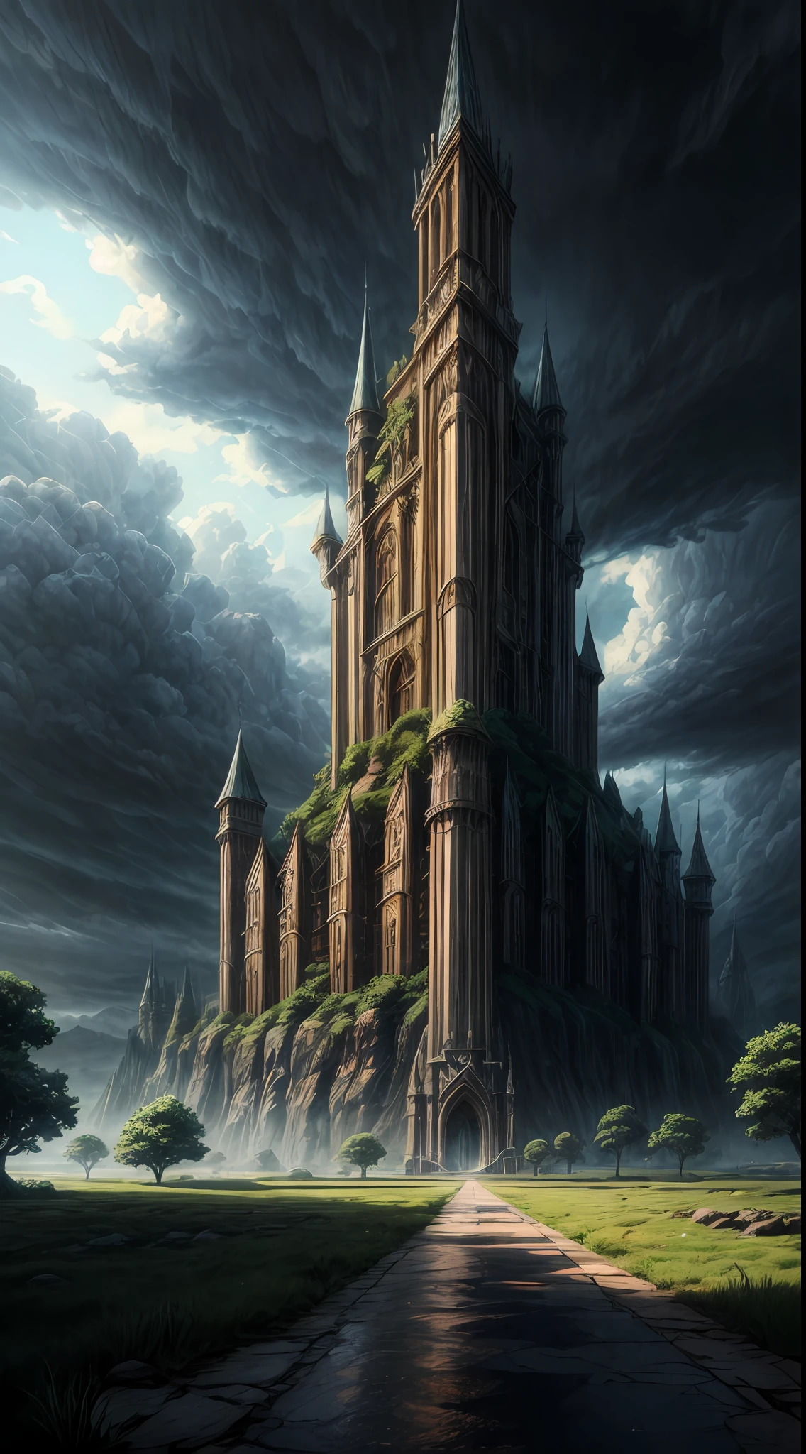 anime scene of a rock slab pathway leading towards a colossal castle ontop of a mountain surounded by water and trees, storm clouds circle the center of the castle, concept art by Kamagurka, pixiv contest winner, fantasy art, anime background art, anime concept hdr anime macmanus, 4k highly detailed digital art, background artwork, anime epic artwork, anime scenery concept art, 4k detailed digital art, made of tree and fantasy valley,