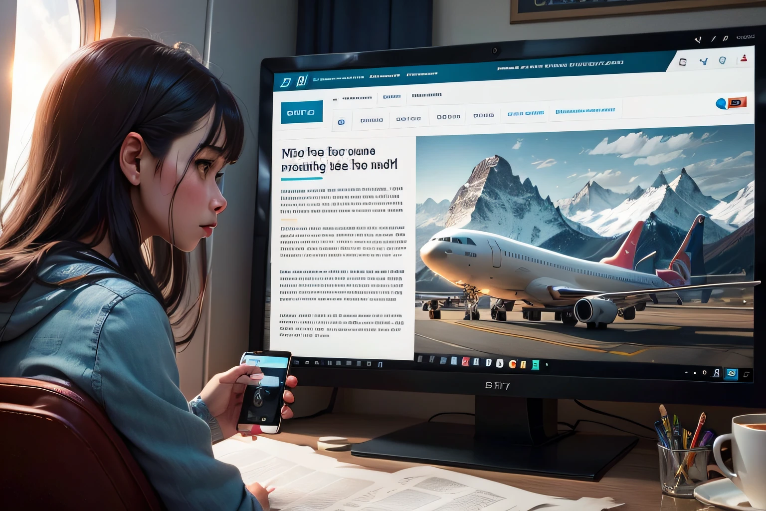 airplane accent screen with a newscast passing by and in this newspaper there is an image of mountain range
