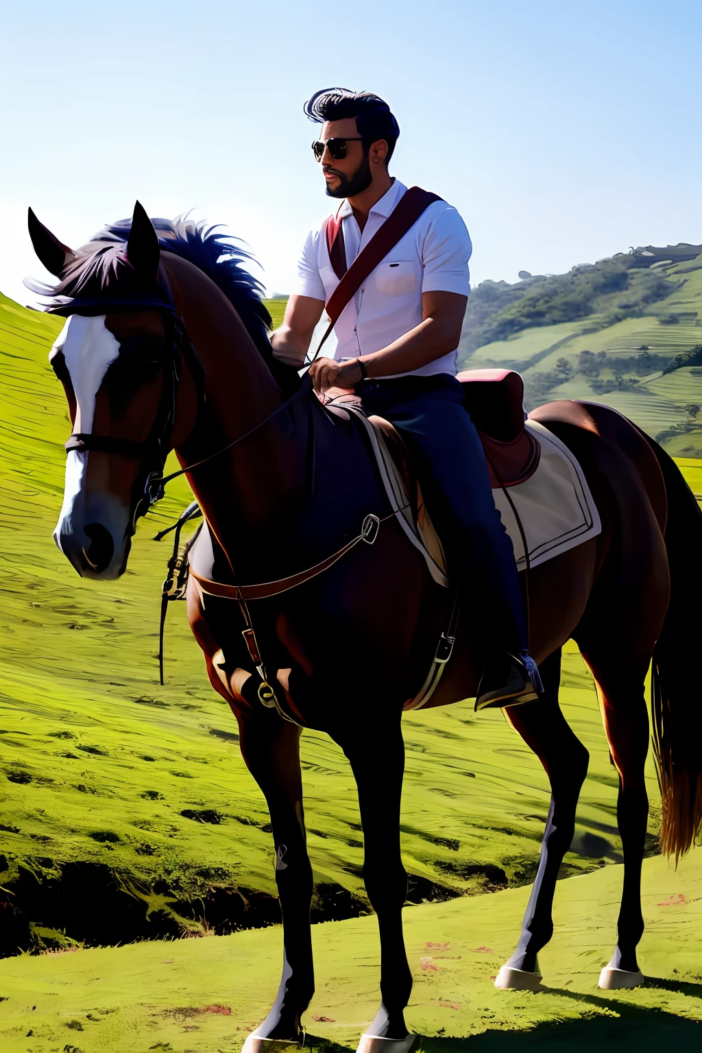 Homem de cabelo branco em cima de um cavalo