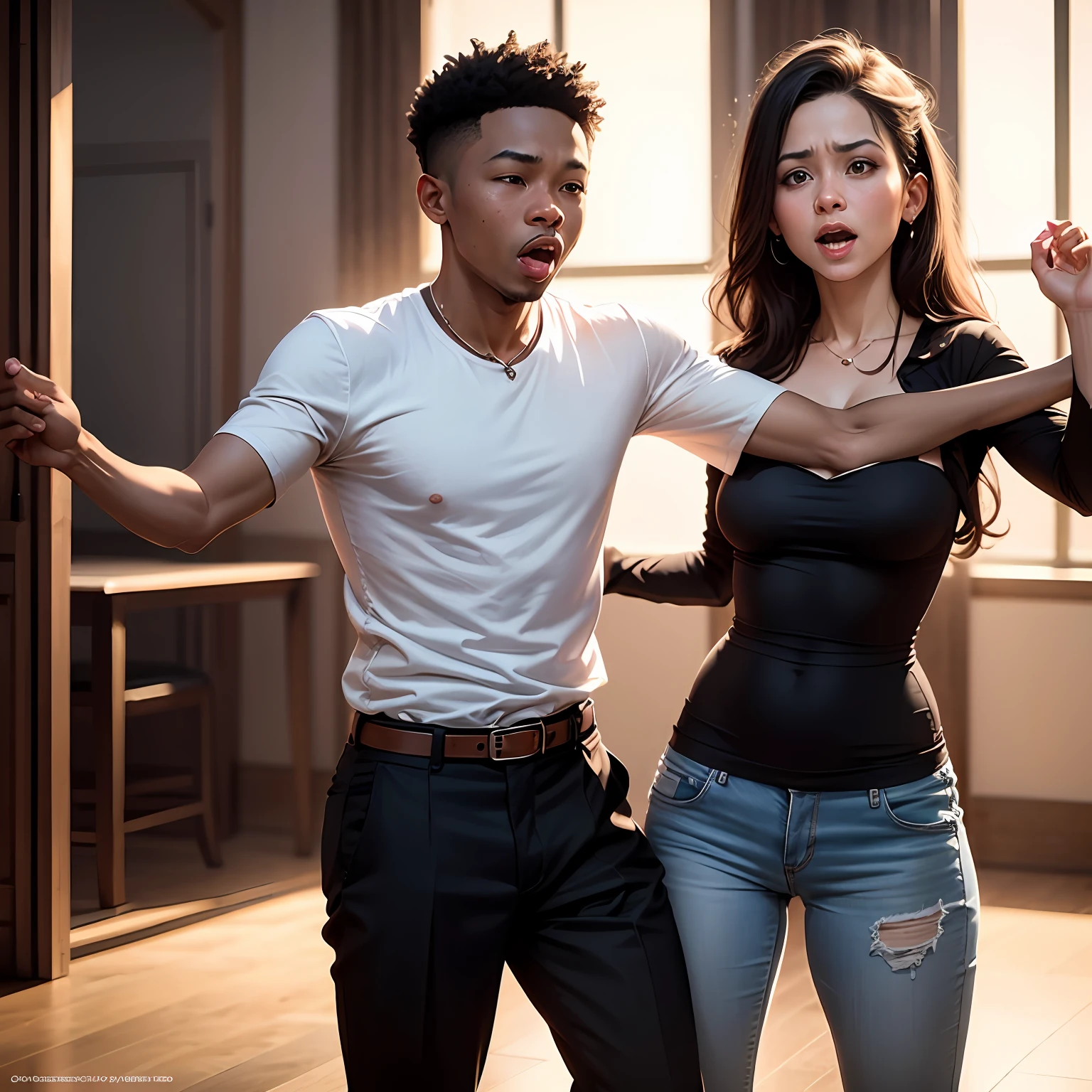 Despite Leleco's passion for dancing, his parents don't support him. Leleco se sente desanimado com a falta de apoio, mas permanece firme em seu sonho. Create an image that portrays the conflicting emotions and parental resistance faced by Leleco