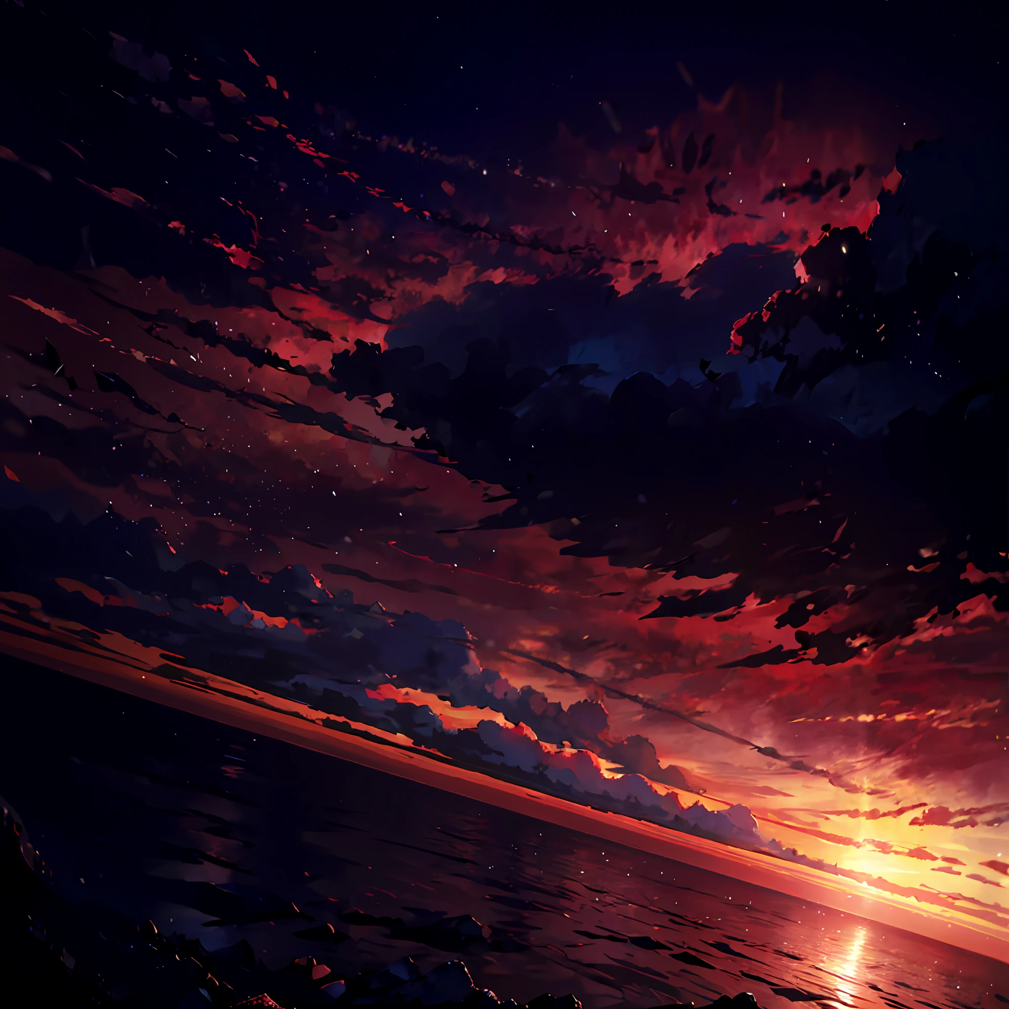 Anime - sunset on the ocean between clouds and an ancient shipwrecked pirate vessel. Obra por makoto shinkai. ((Obra-prima)), ((melhor qualidade)), ((8k)), ((full hd)).